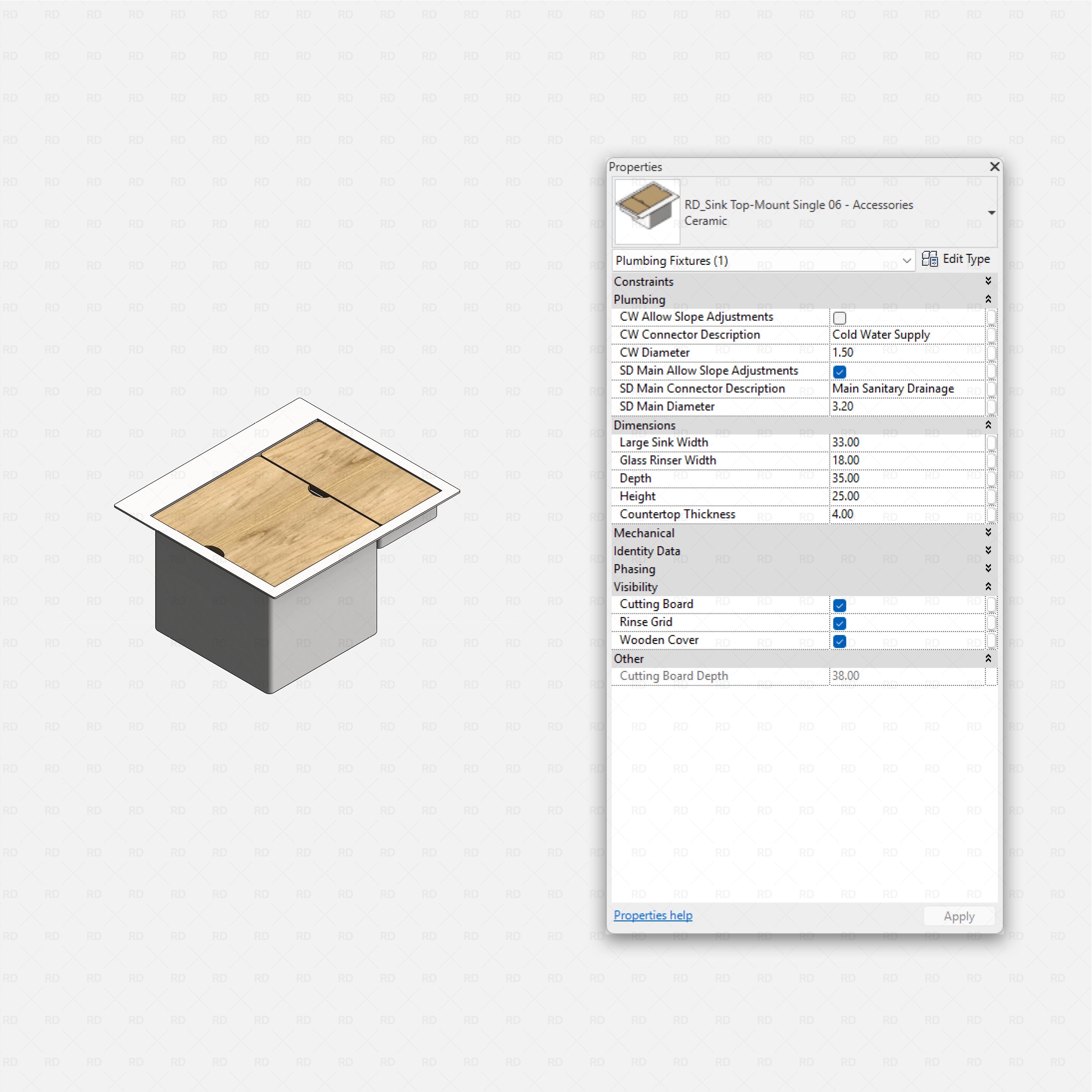 revit kitchen sink with accessories RD Studio BIM blocks rfa, single with dual wooden covers and rinse grid