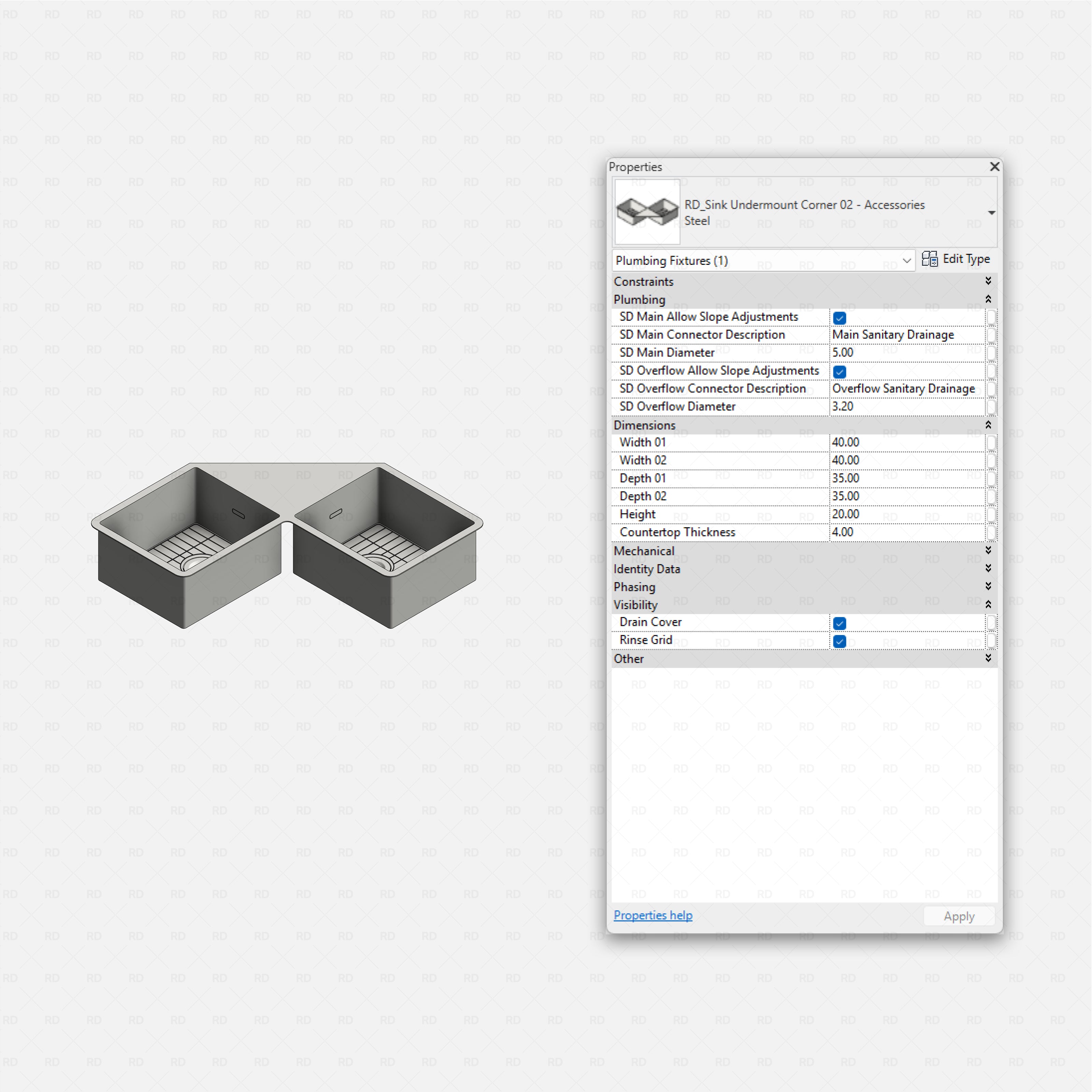 revit kitchen sink with accessories RD Studio BIM blocks rfa, double corner sink with rinse grids
