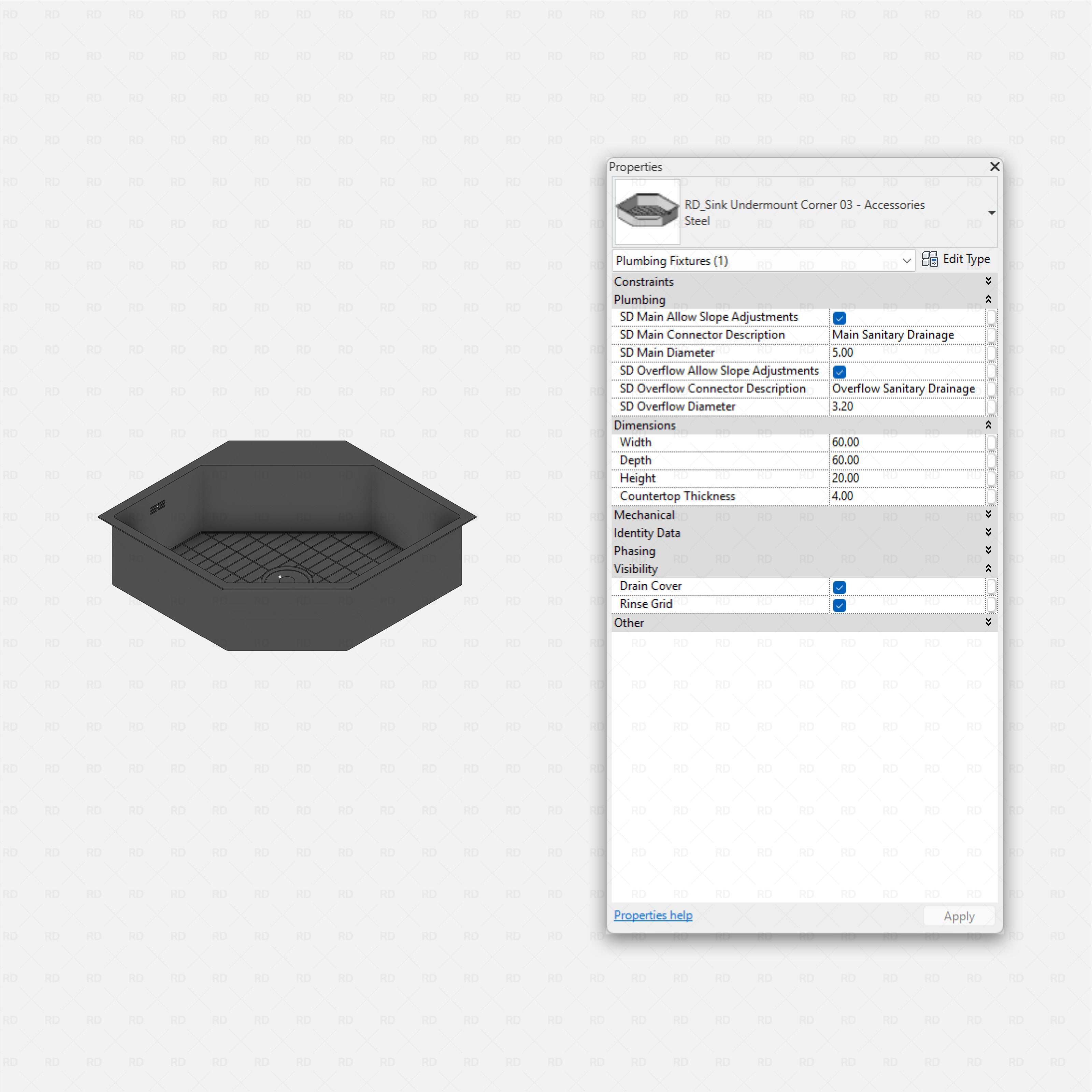revit kitchen sink with accessories RD Studio BIM blocks rfa, single sink with rinse grid