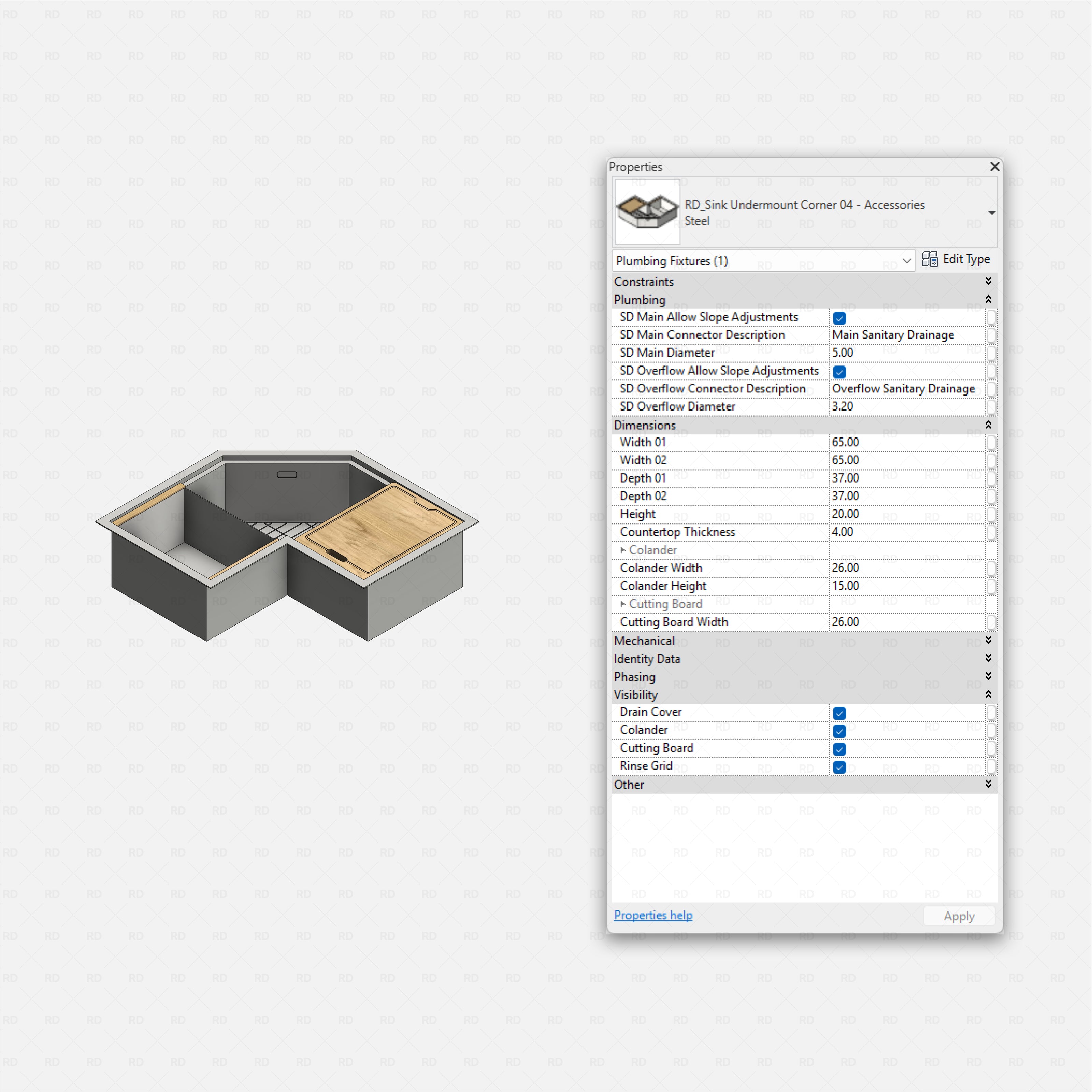 revit kitchen sink with accessories RD Studio BIM blocks rfa, corner sink with wooden cover and rinse grid