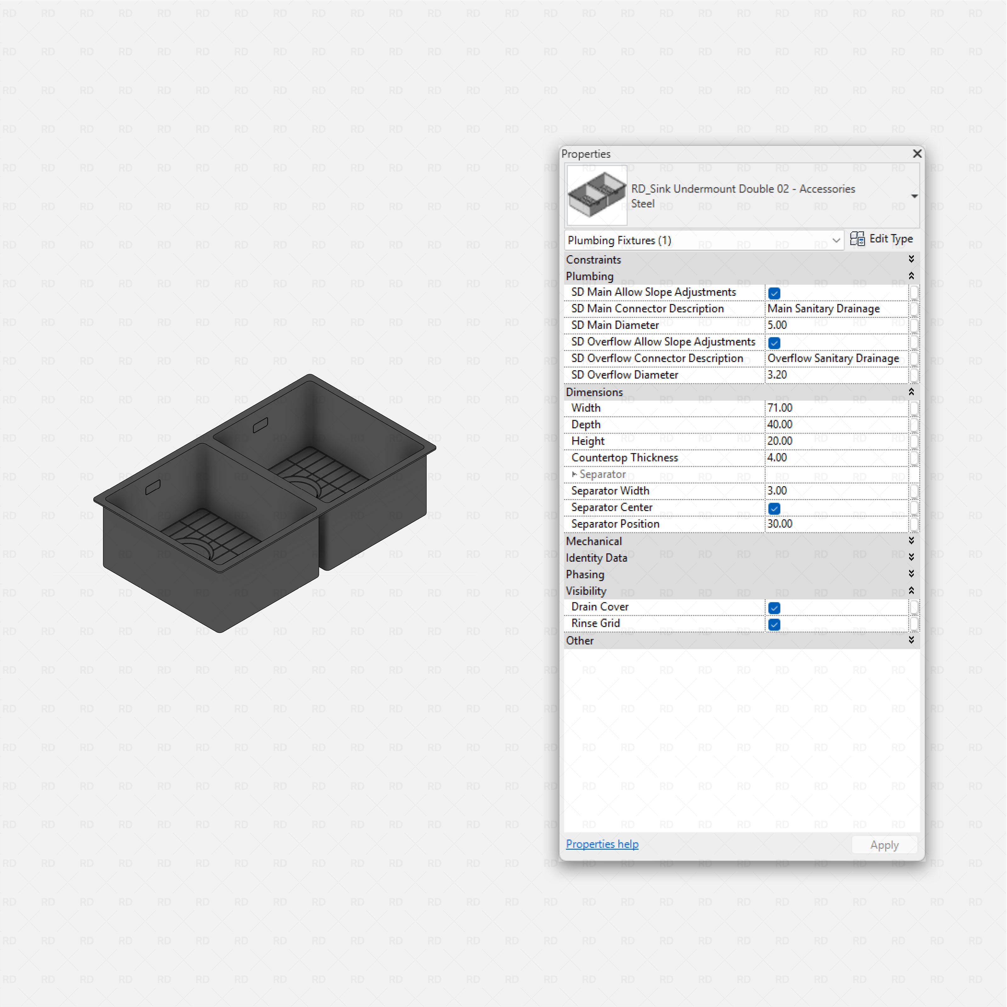 revit kitchen sink with accessories RD Studio BIM blocks rfa, double undermount sink with drain cover and rinse grid