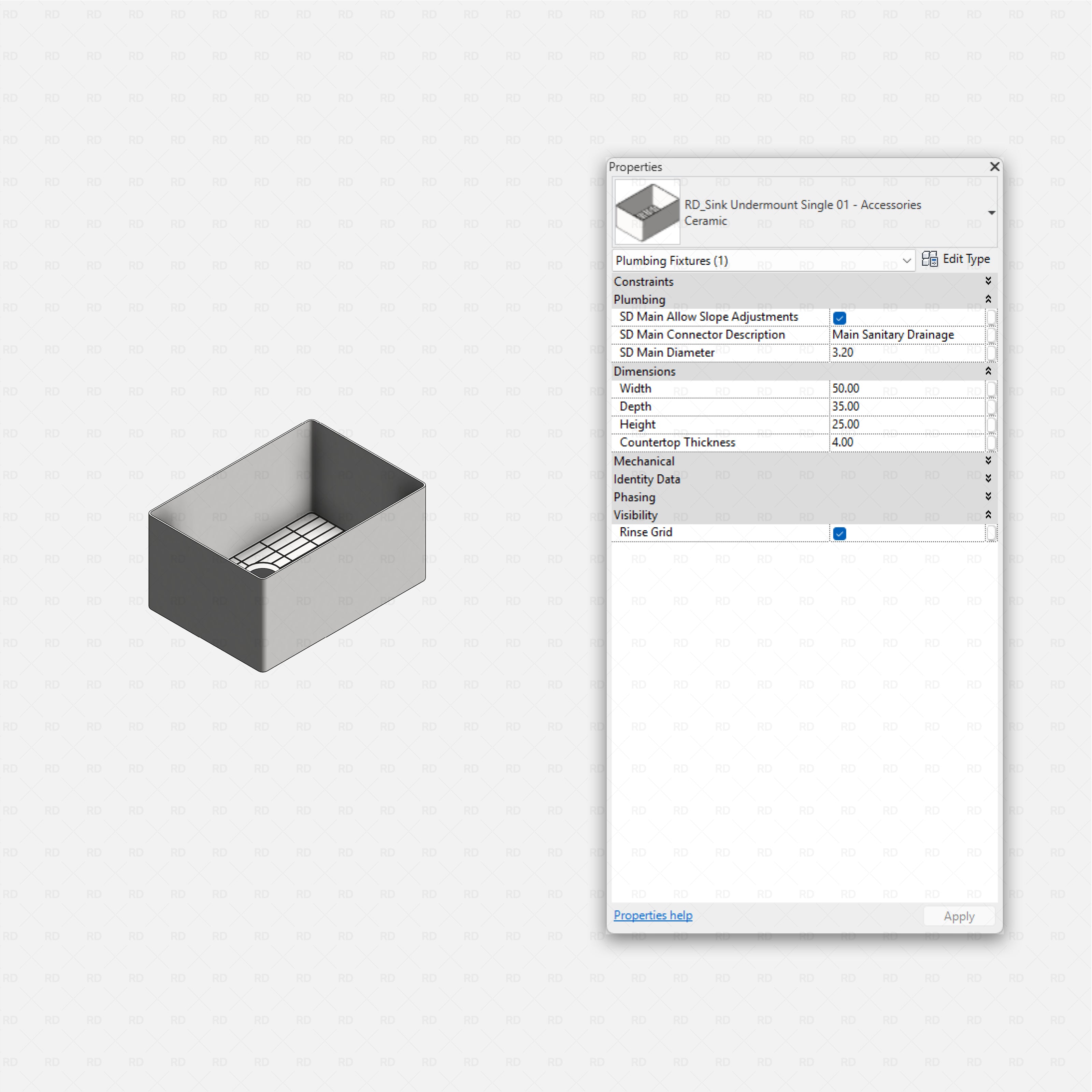 revit kitchen sink with accessories RD Studio BIM blocks rfa, single ceramic sink with rinse grid