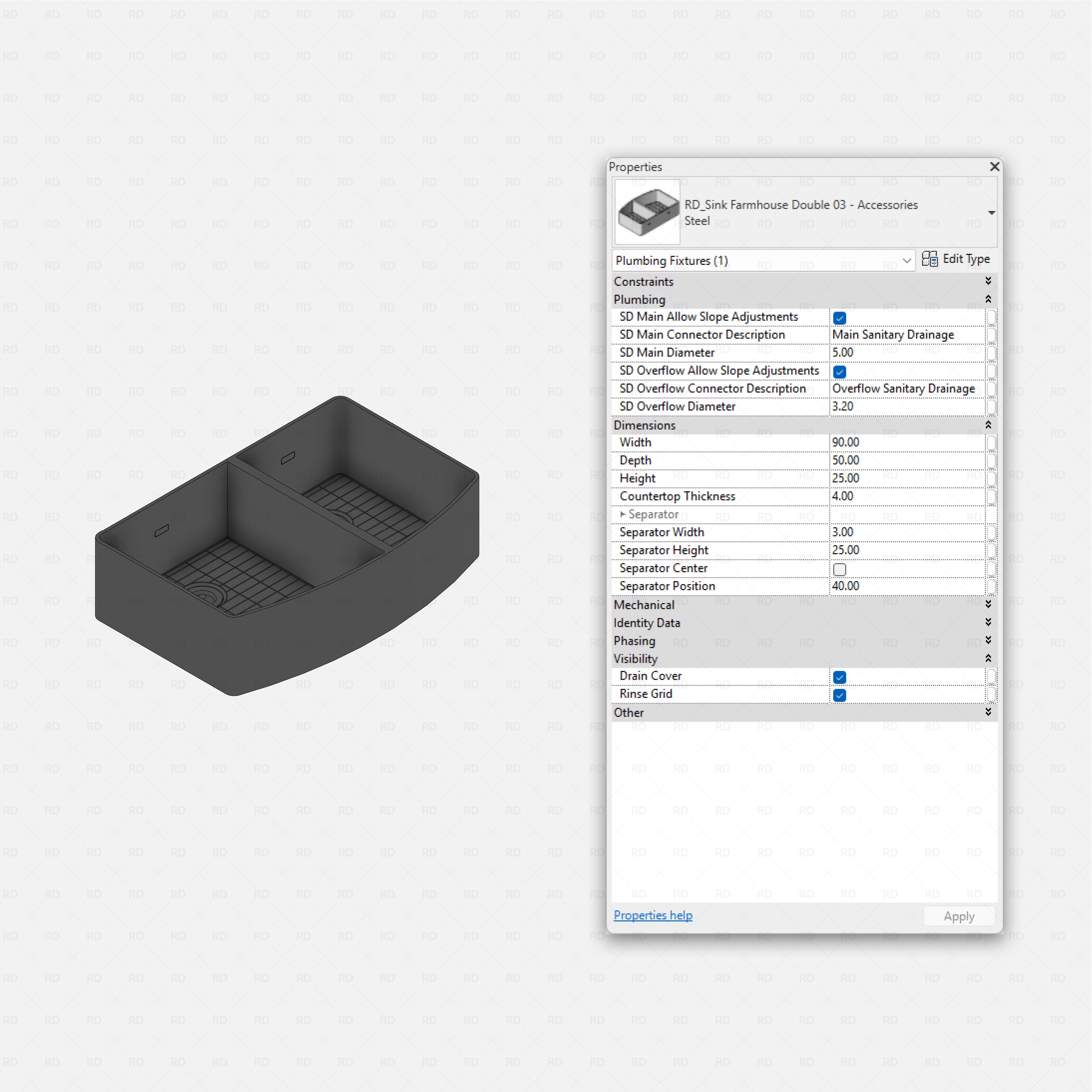 revit kitchen sink with accessories RD Studio BIM blocks rfa, farmhouse double apron front with twin rinse grids