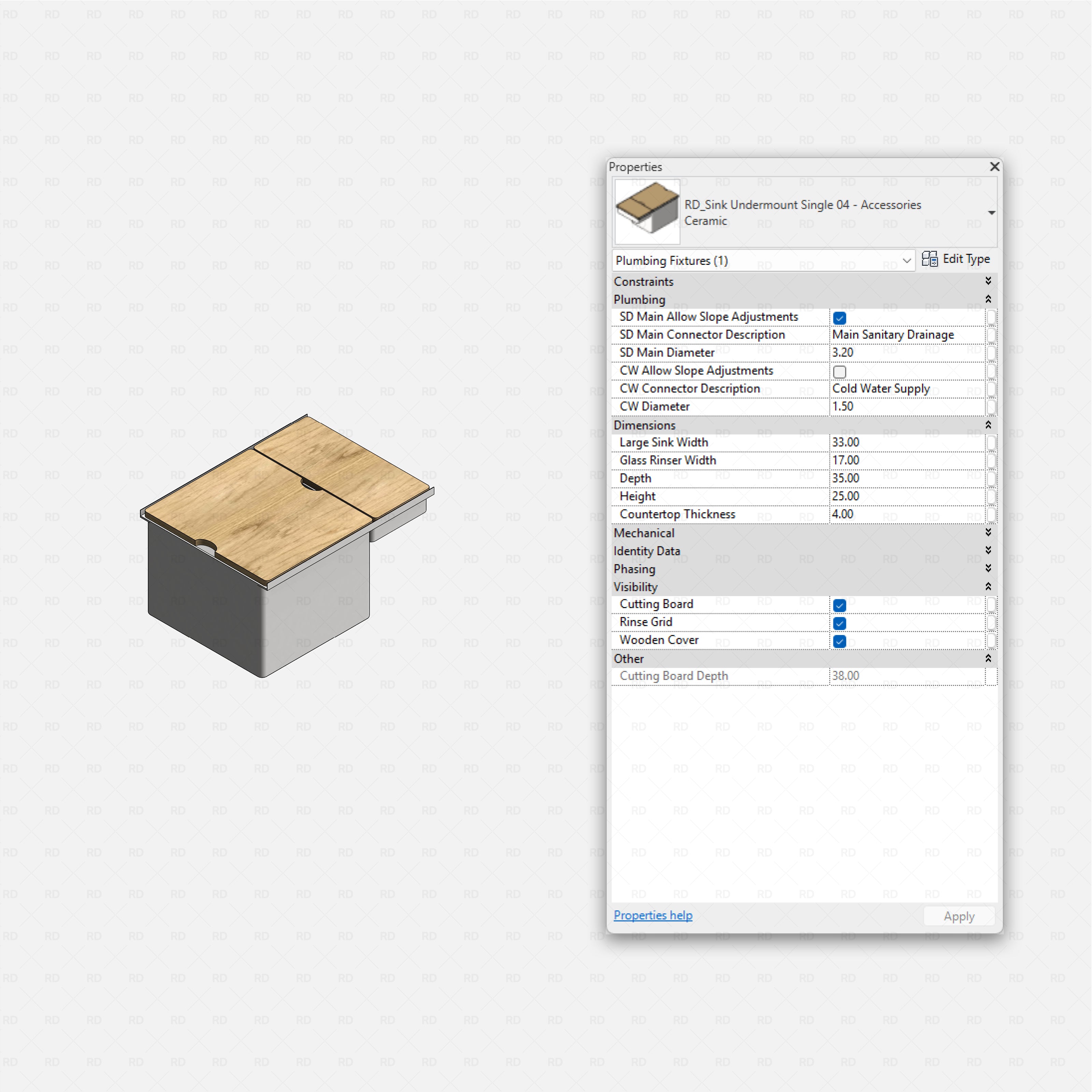 revit kitchen sink with accessories RD Studio BIM blocks rfa, single undermount with wooden cover