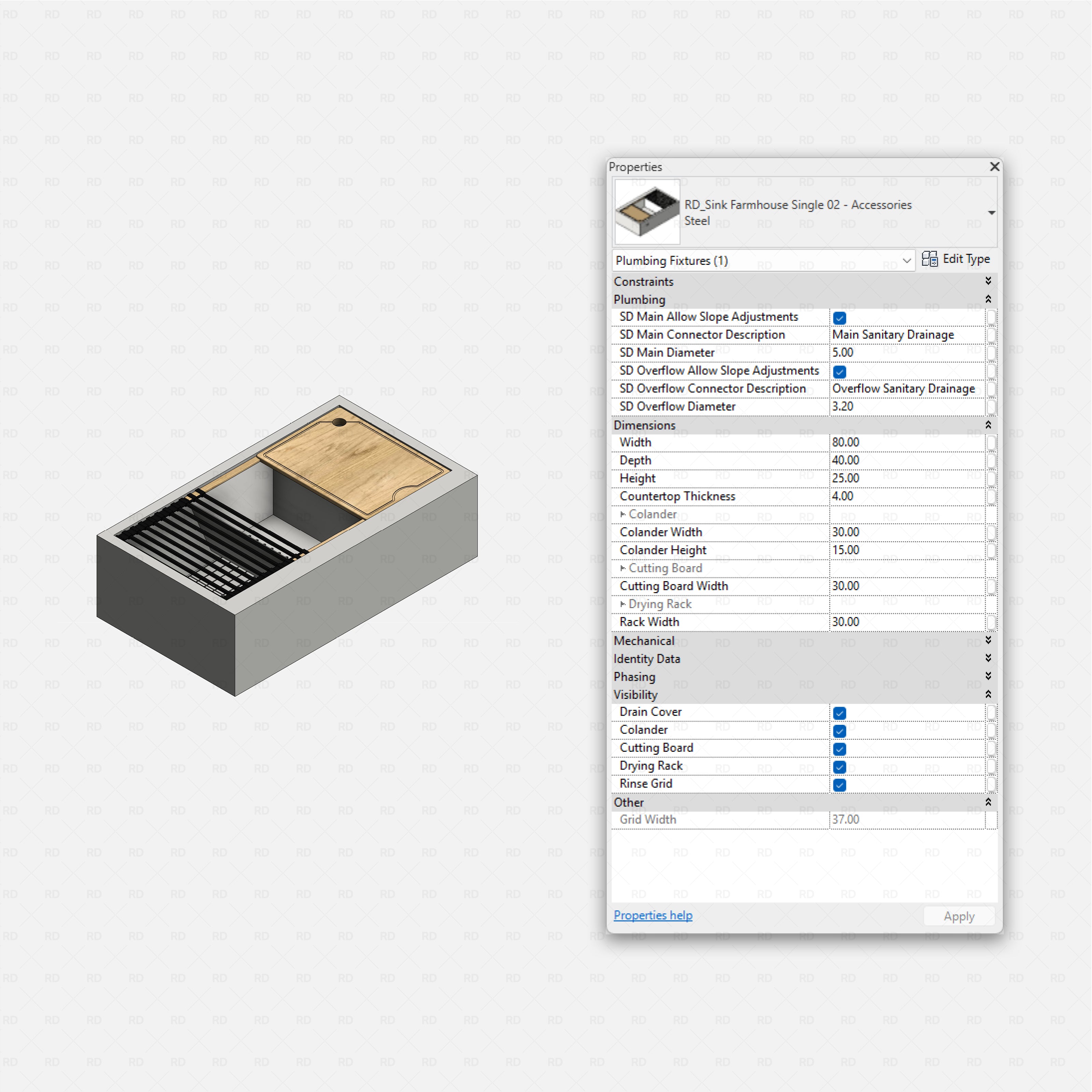 revit kitchen sink with accessories RD Studio BIM blocks rfa, farmhouse single steel with board, drying rack, colander