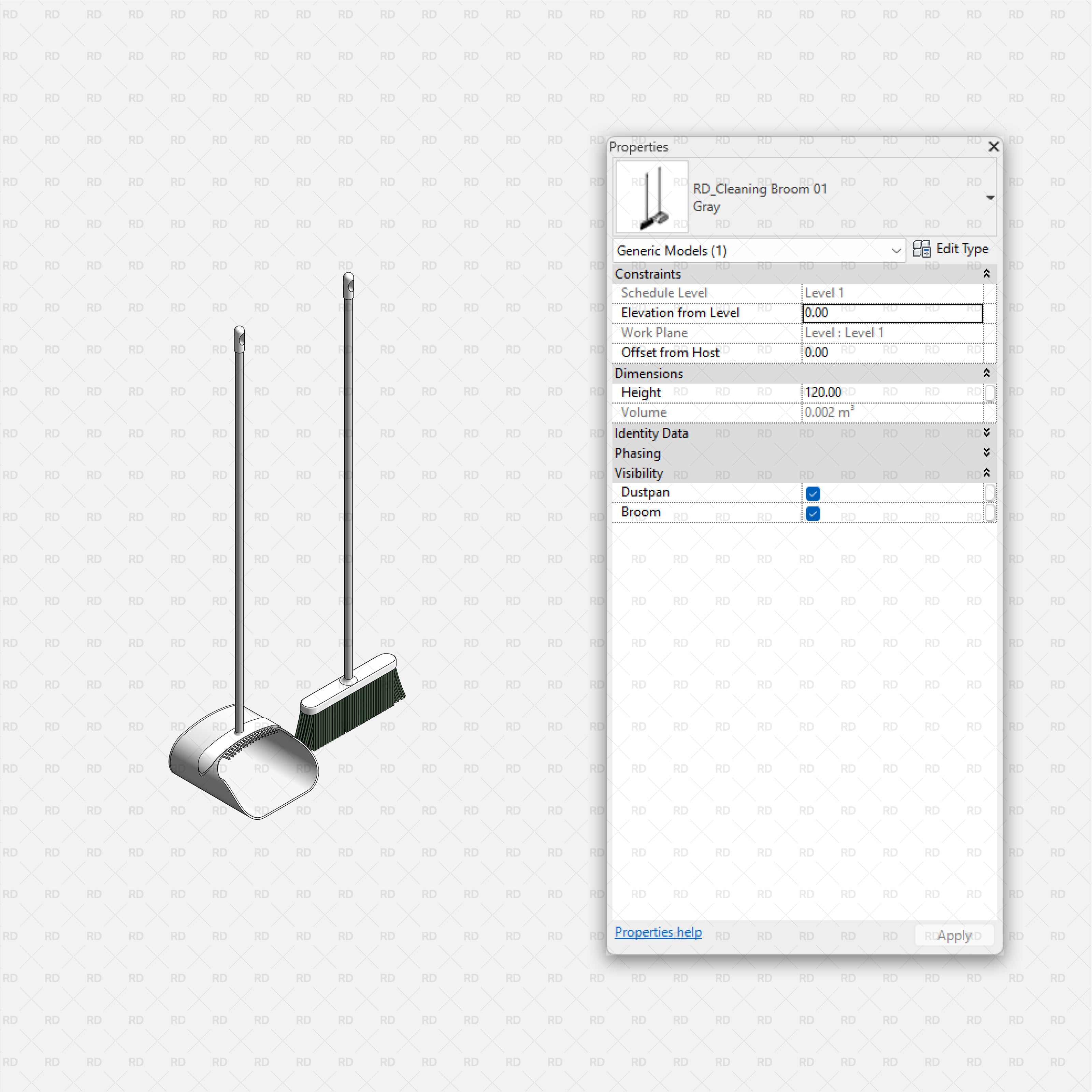 Revit Laundry Equipment RD Studio BIM Blocks RFA - Cleaning Dustpan And Broom Family