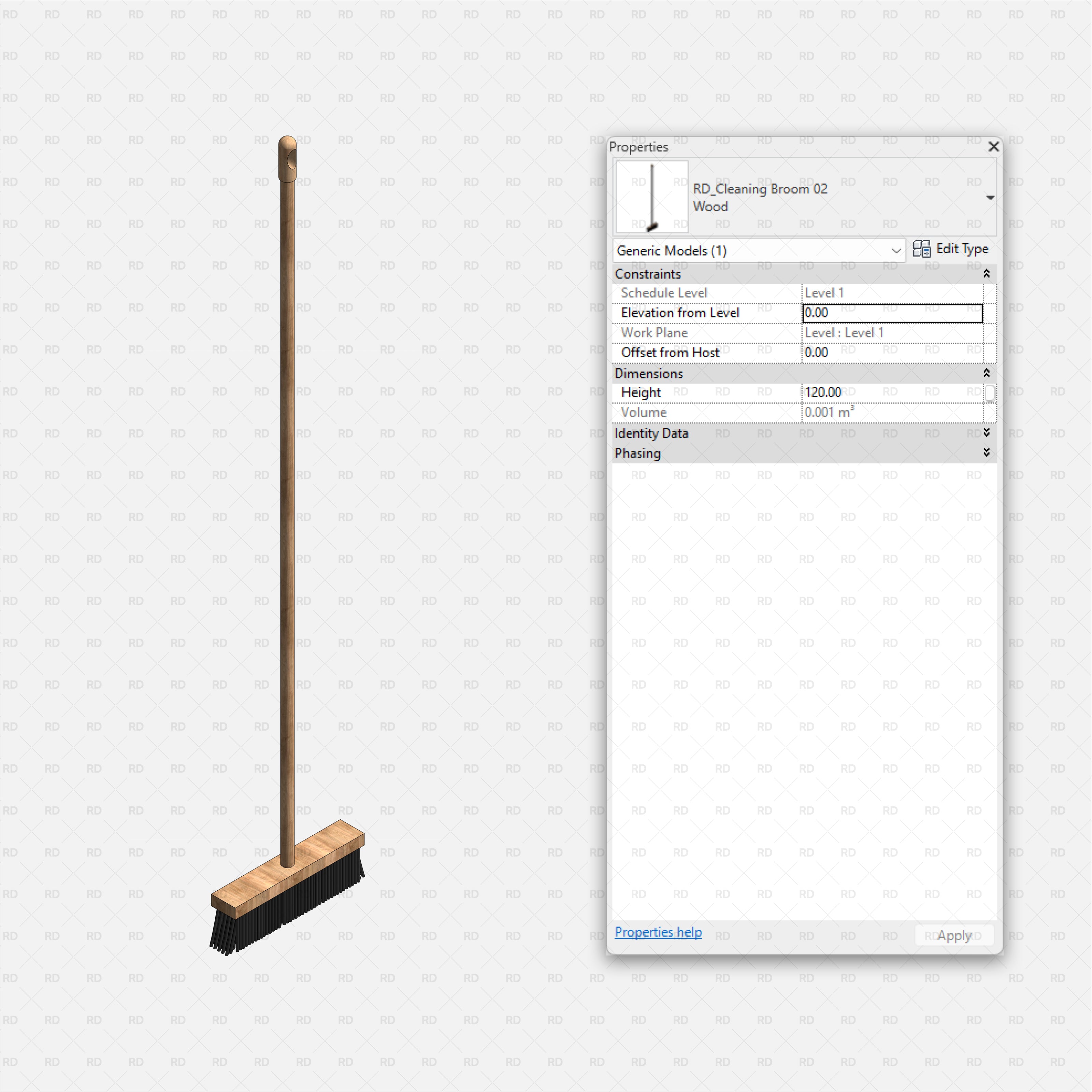Revit Laundry Equipment RD Studio BIM Blocks RFA - Wooden Cleaning Broom 02 Family