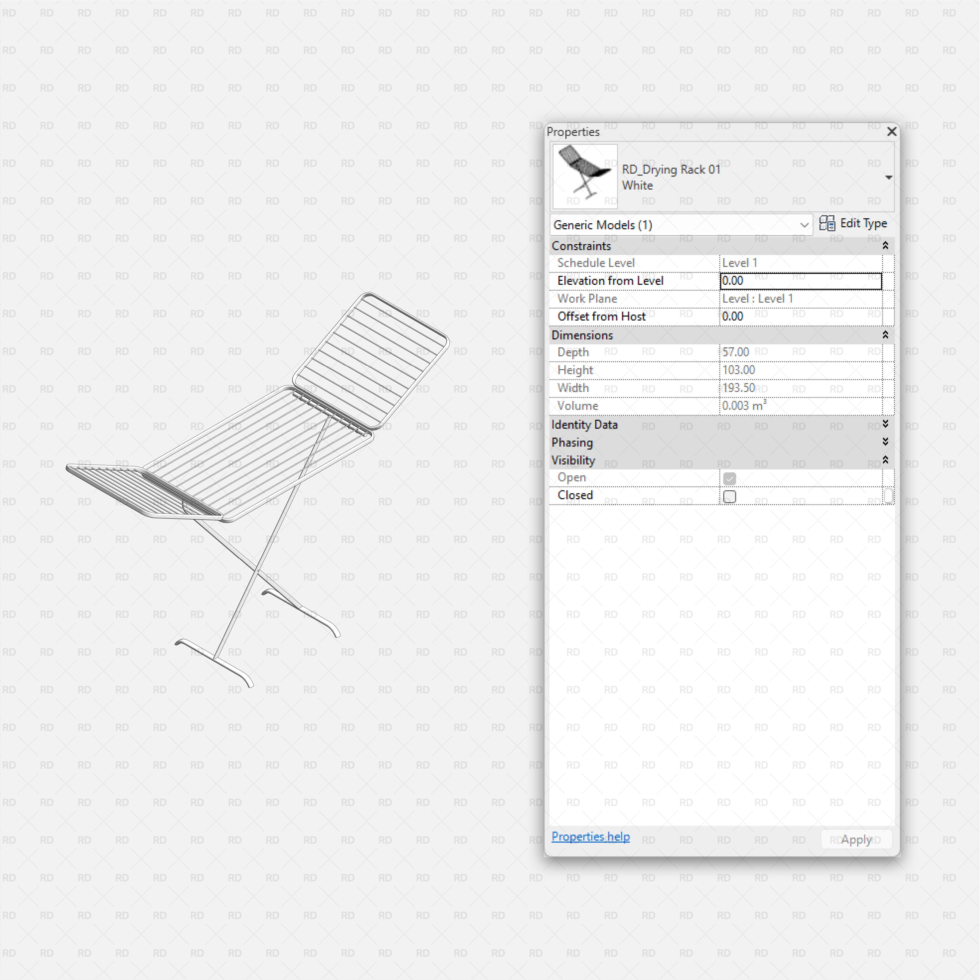 Revit Laundry Equipment RD Studio BIM Blocks RFA - Folding Drying Rack 01 Family