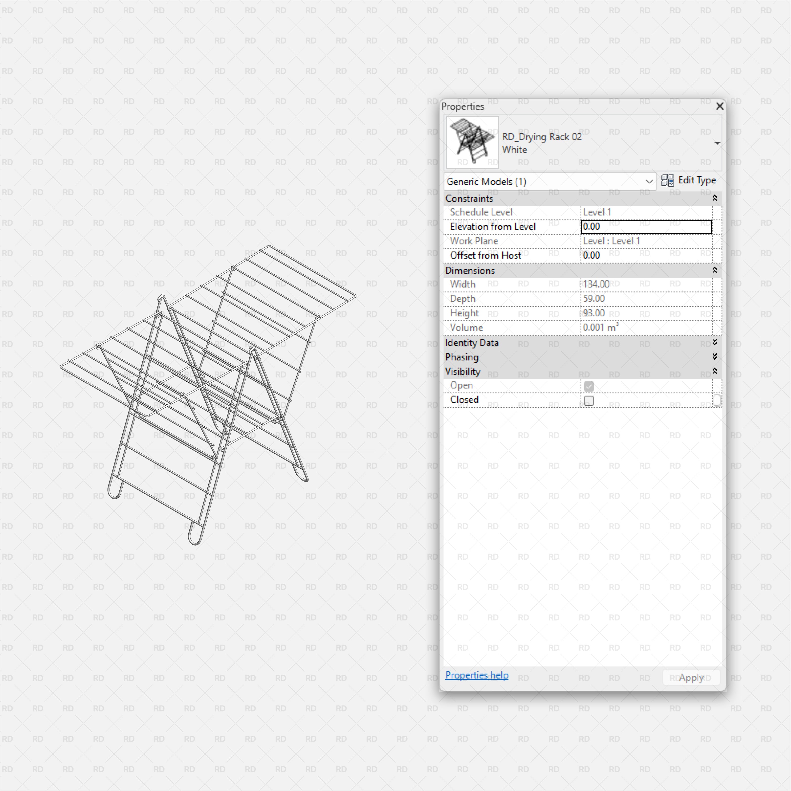 Revit Laundry Equipment RD Studio BIM Blocks RFA - Folding Drying Rack 02 Family