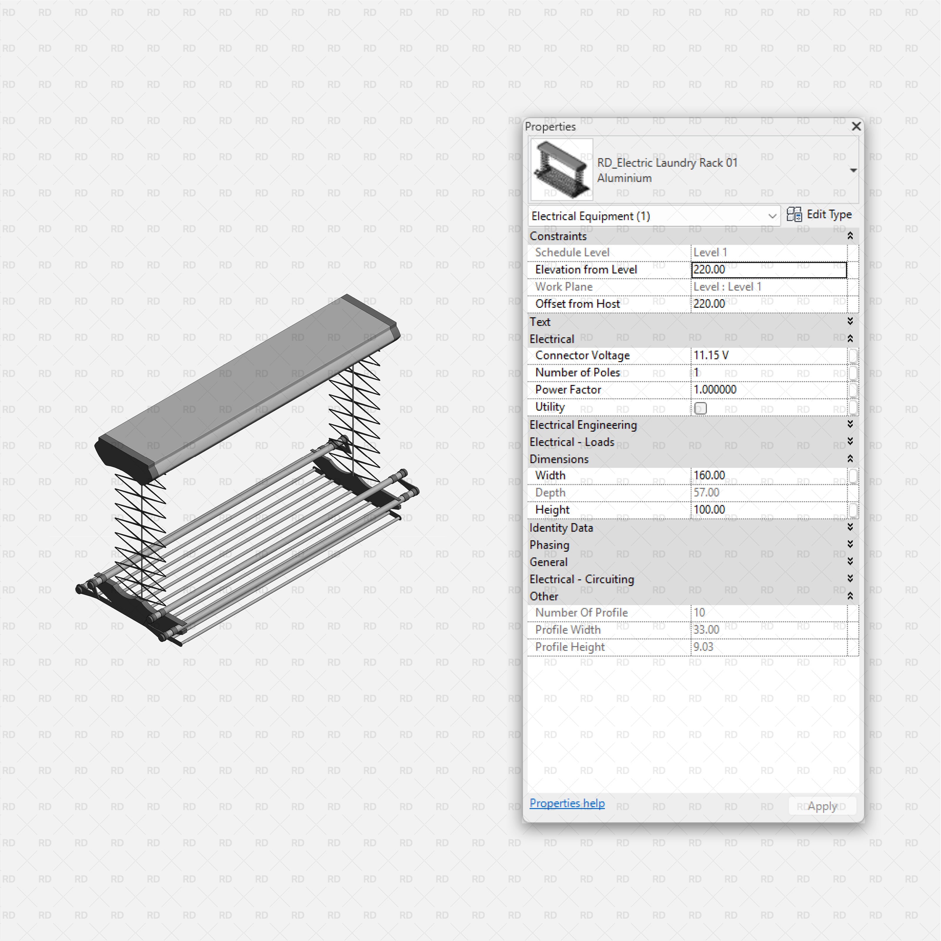 Revit Laundry Equipment RD Studio BIM Blocks RFA - Electric Laundry Rack 01 Family