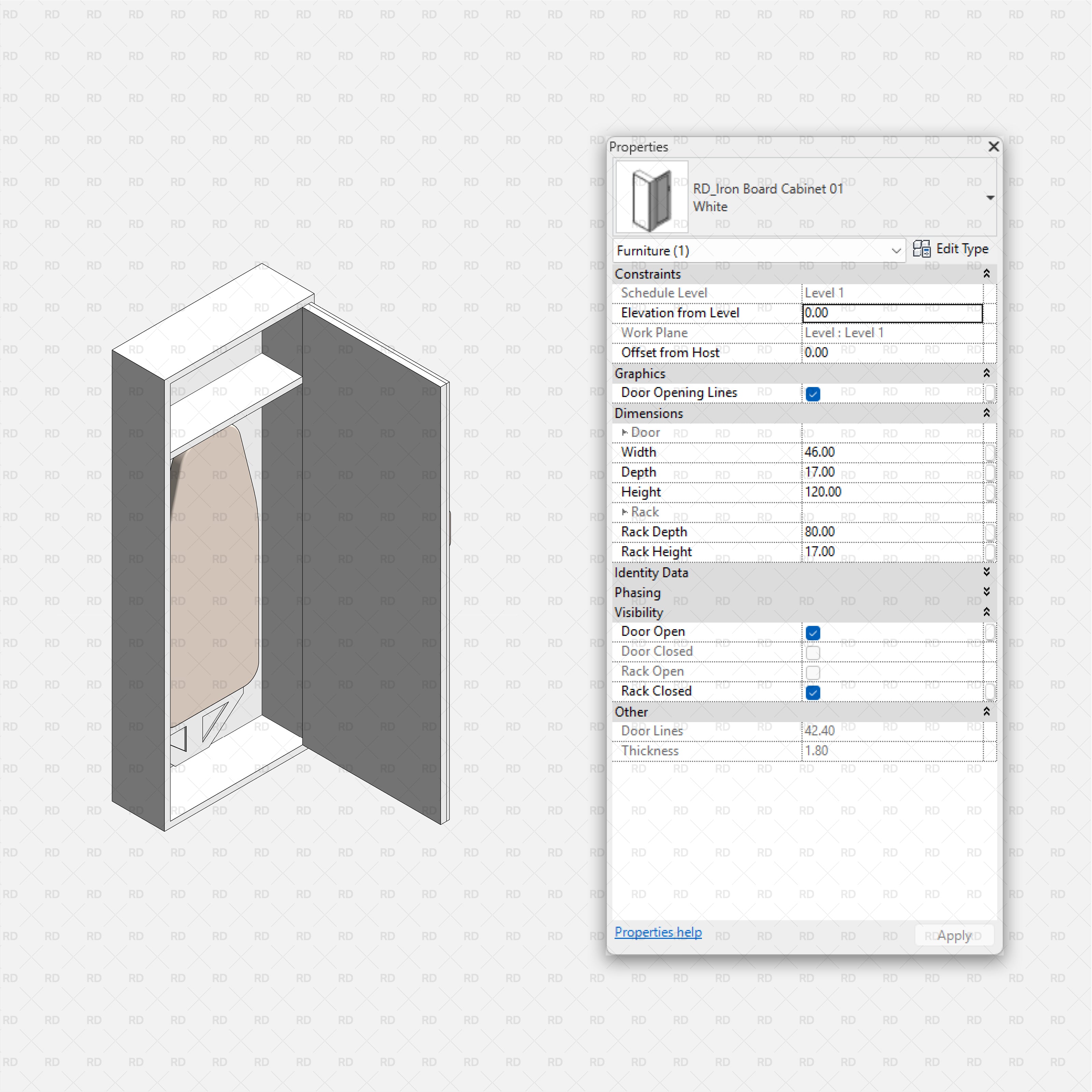 Revit Laundry Equipment RD Studio BIM Blocks RFA - Ironing Board Cabinet 01 Family