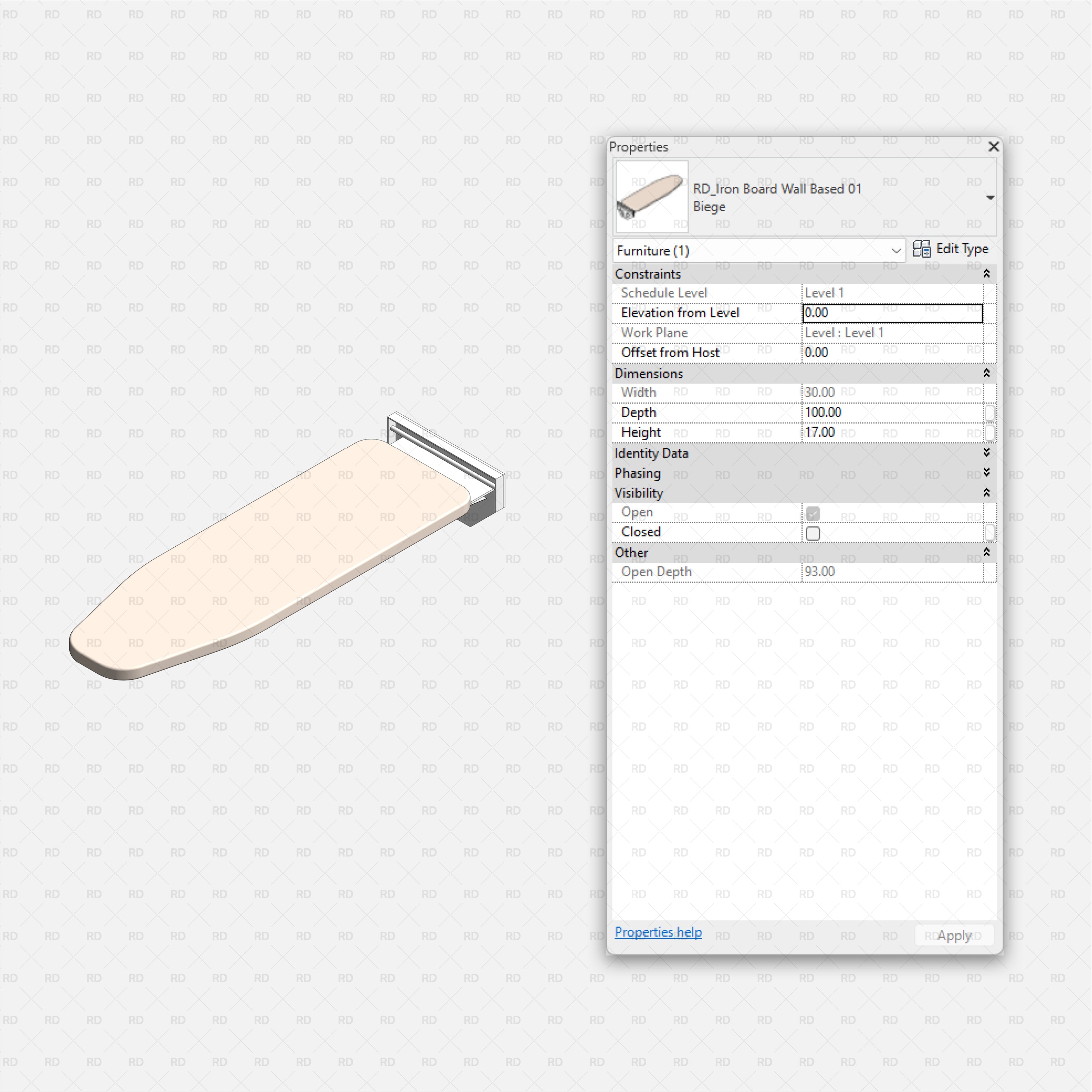 Revit Laundry Equipment RD Studio BIM Blocks RFA - Wall Mounted Ironing Board 01 Family