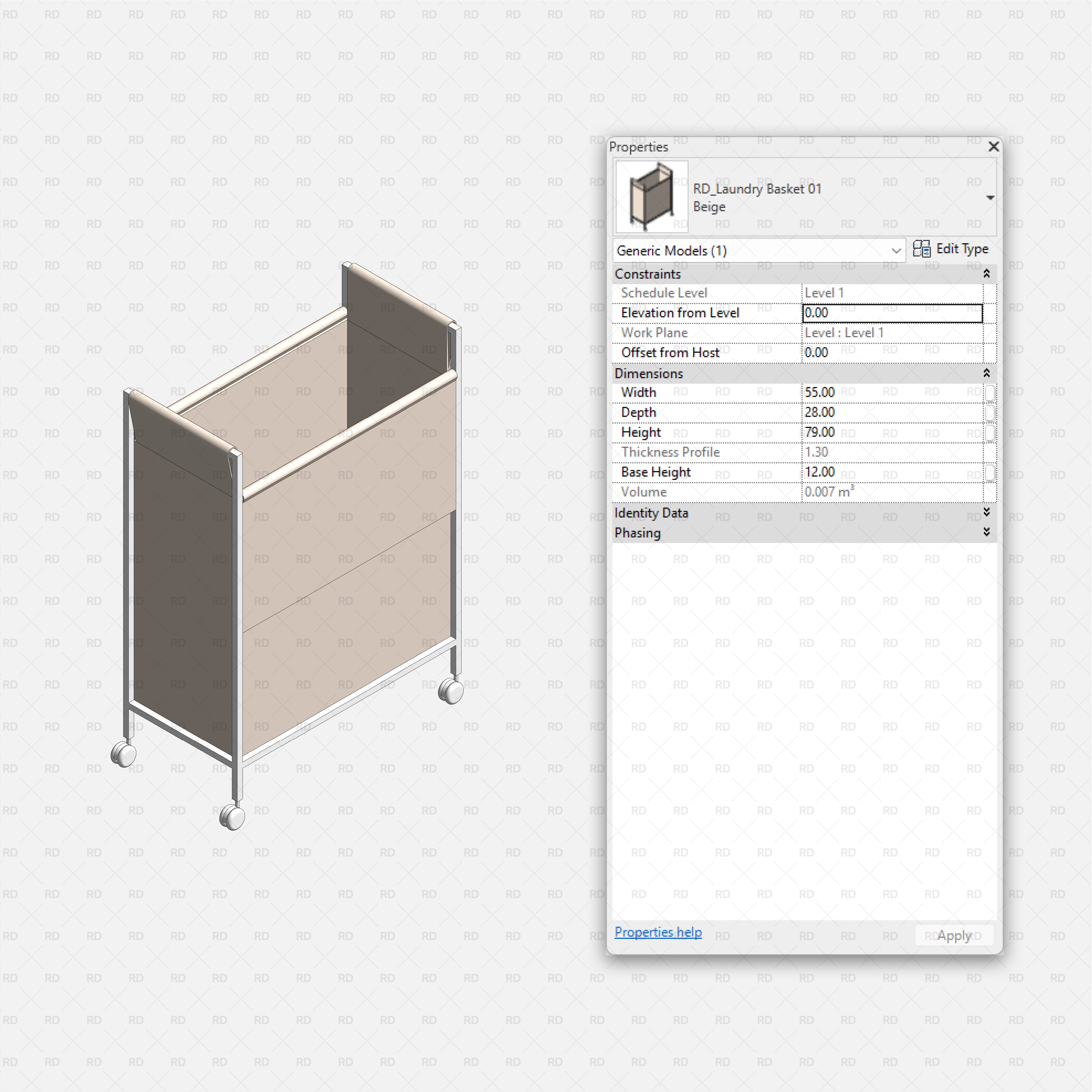 Revit Laundry Equipment RD Studio BIM Blocks RFA - Tall Rolling Laundry Basket 01 Family