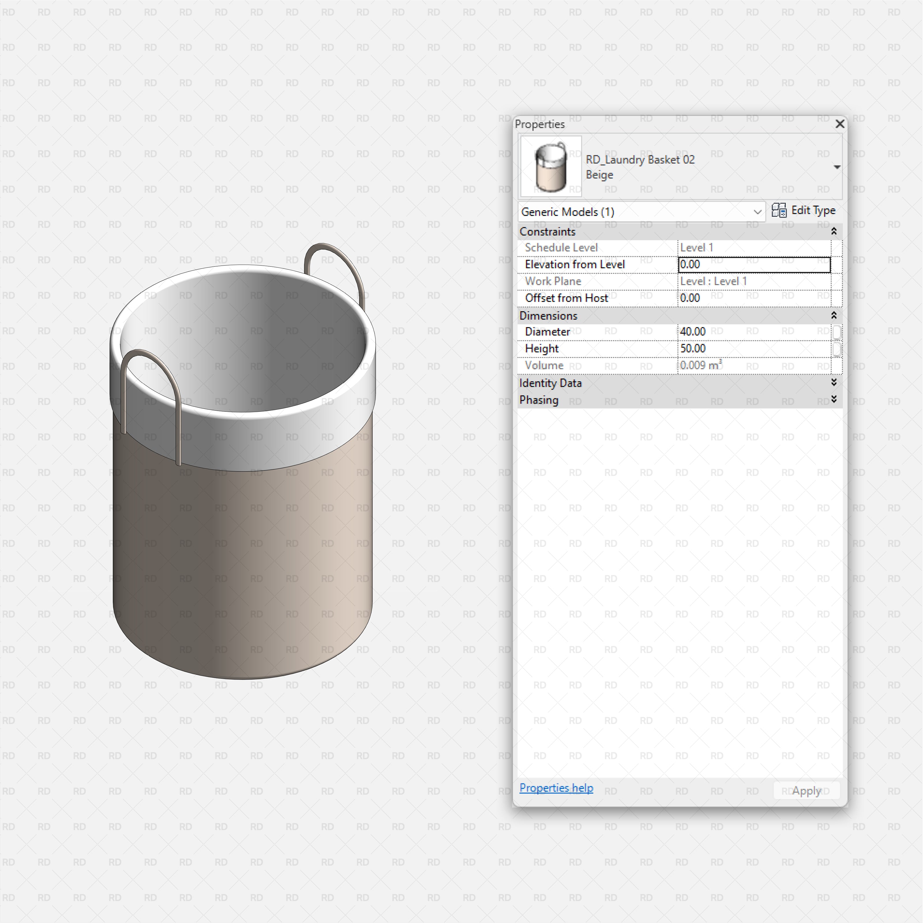 Revit Laundry Equipment RD Studio BIM Blocks RFA - Round Laundry Basket 02 Family