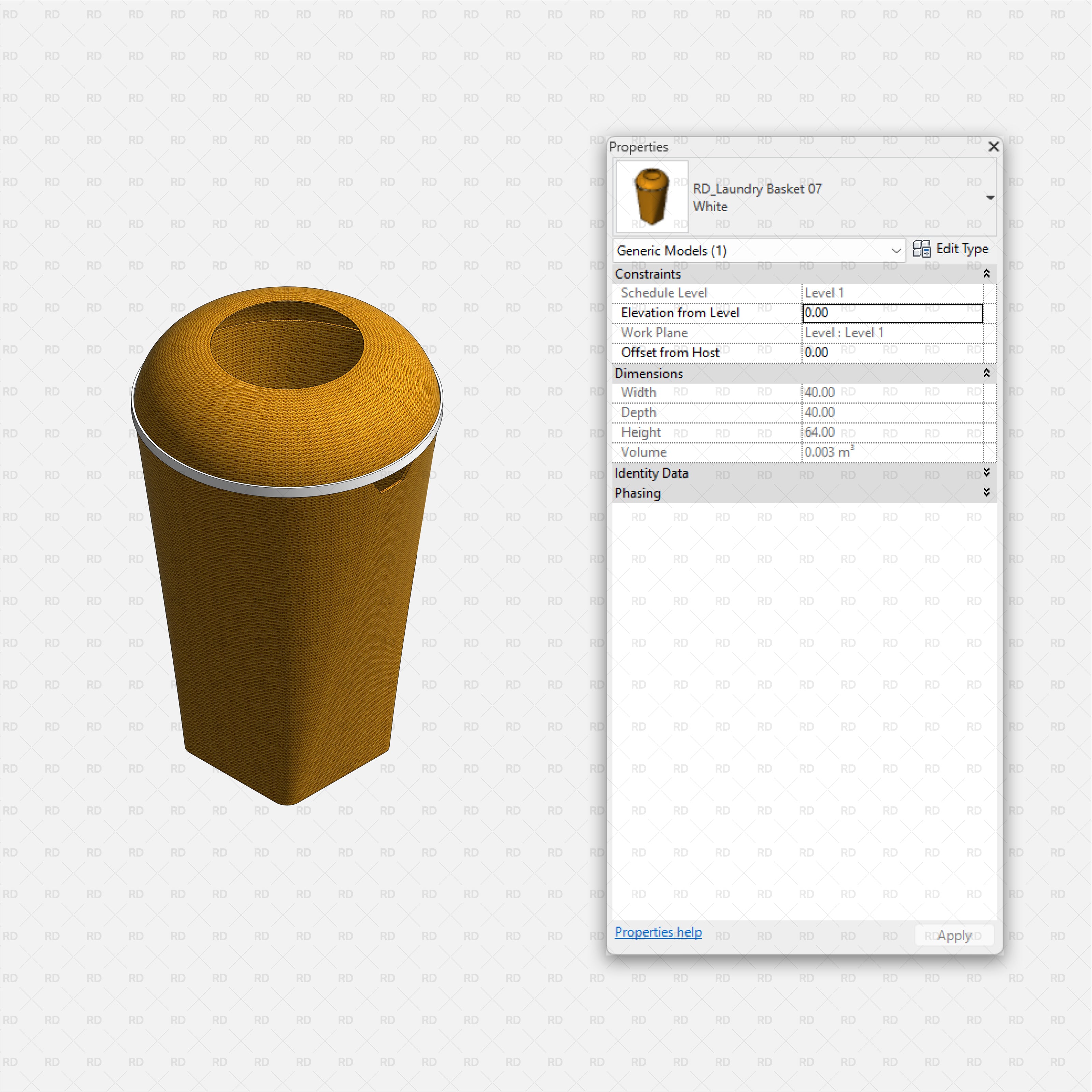 Revit Laundry Equipment RD Studio BIM Blocks RFA - Textured Cylindrical Laundry Basket 07 Family