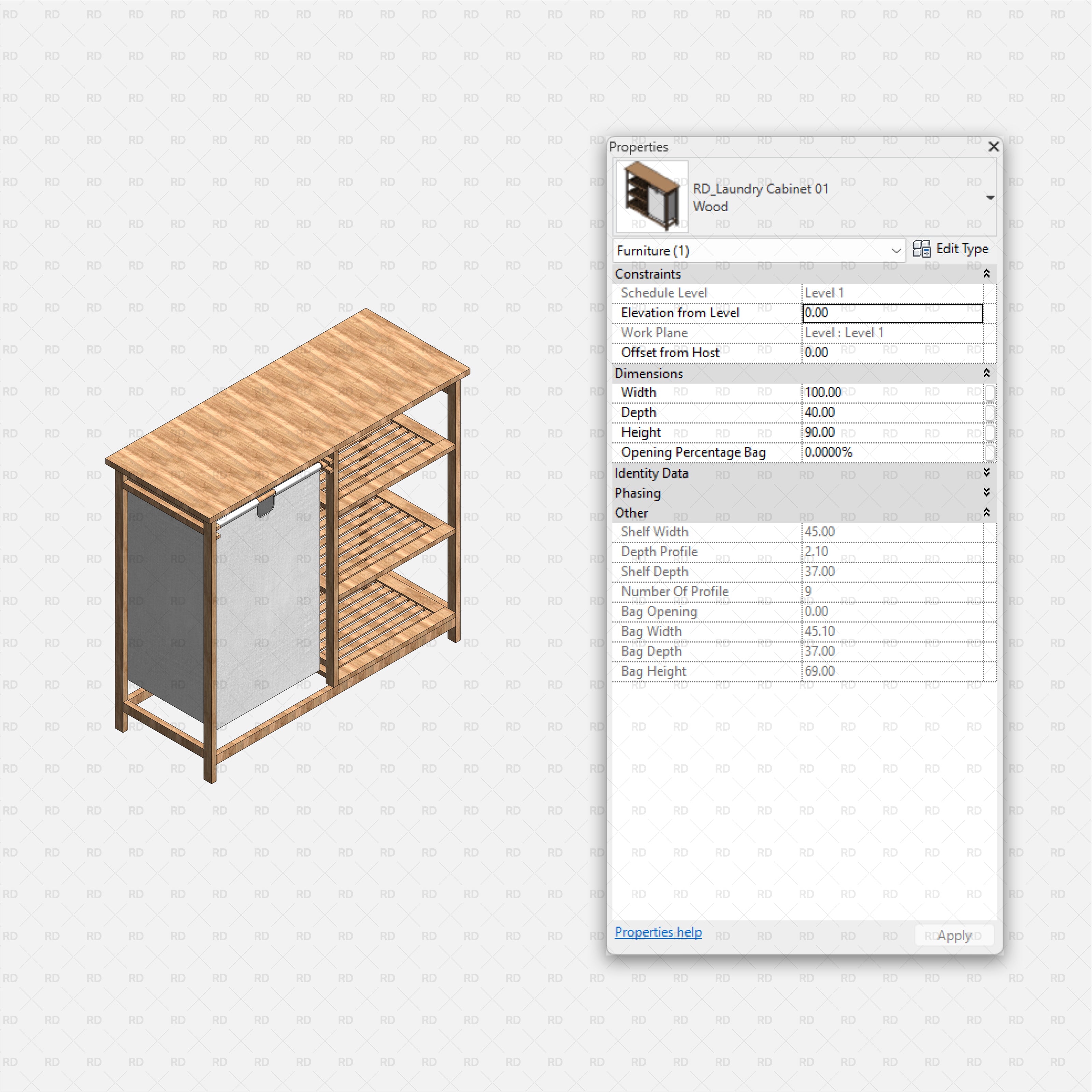 Revit Laundry Equipment RD Studio BIM Blocks RFA - Wood Laundry Cabinet 01 With Sliding Hamper Family