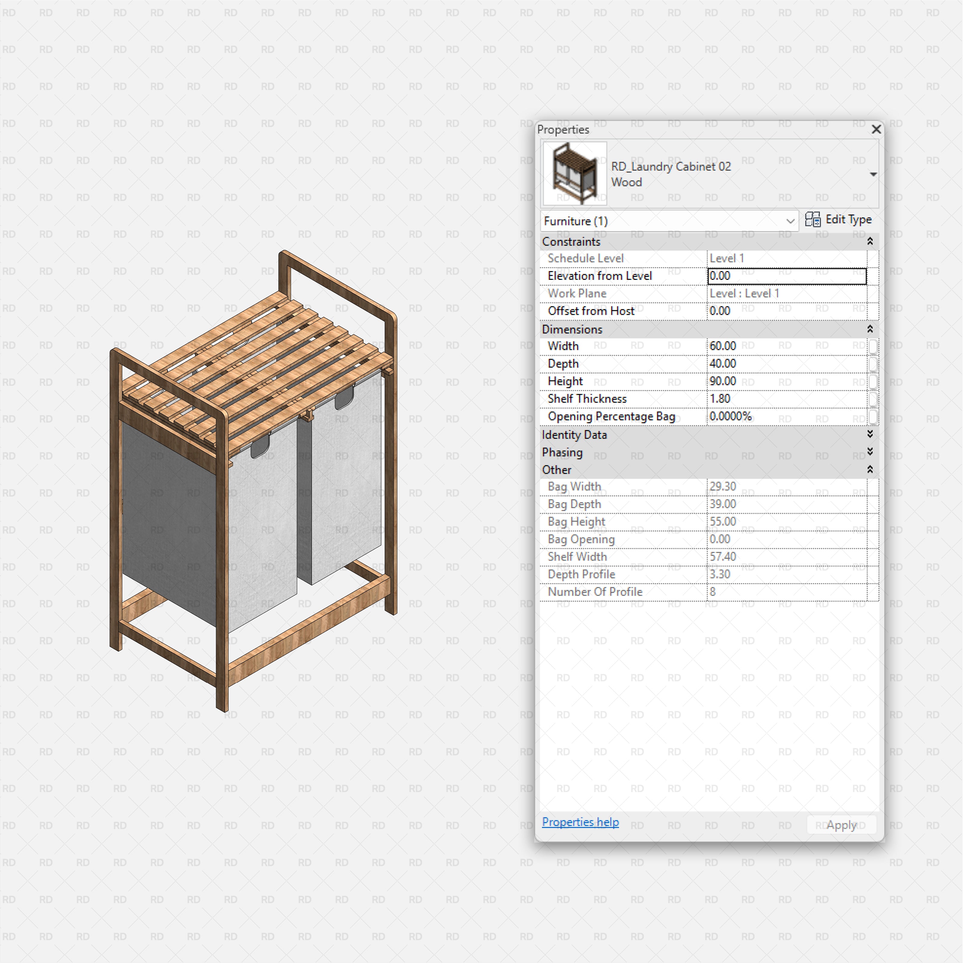 Revit Laundry Equipment RD Studio BIM Blocks RFA - Wood Laundry Cabinet 02 Dual Hampers Family