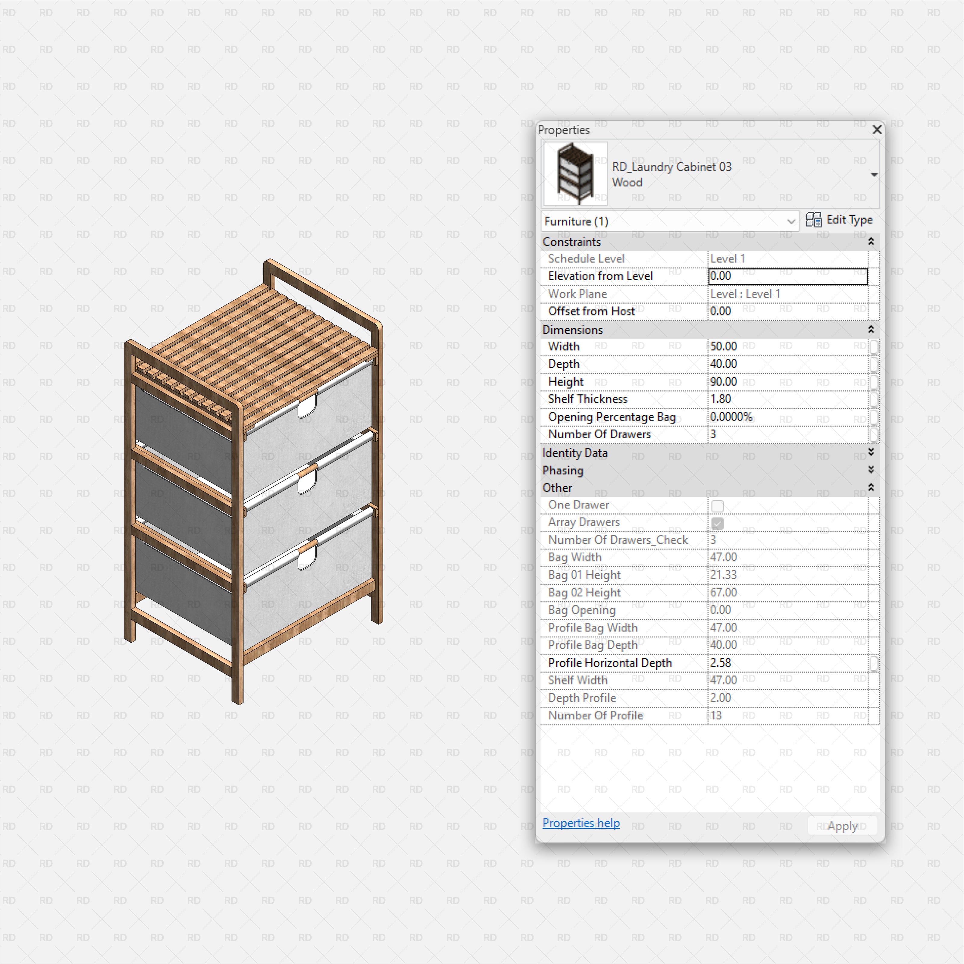 Revit Laundry Equipment RD Studio BIM Blocks RFA - Wood Laundry Cabinet 03 Triple Drawers Family