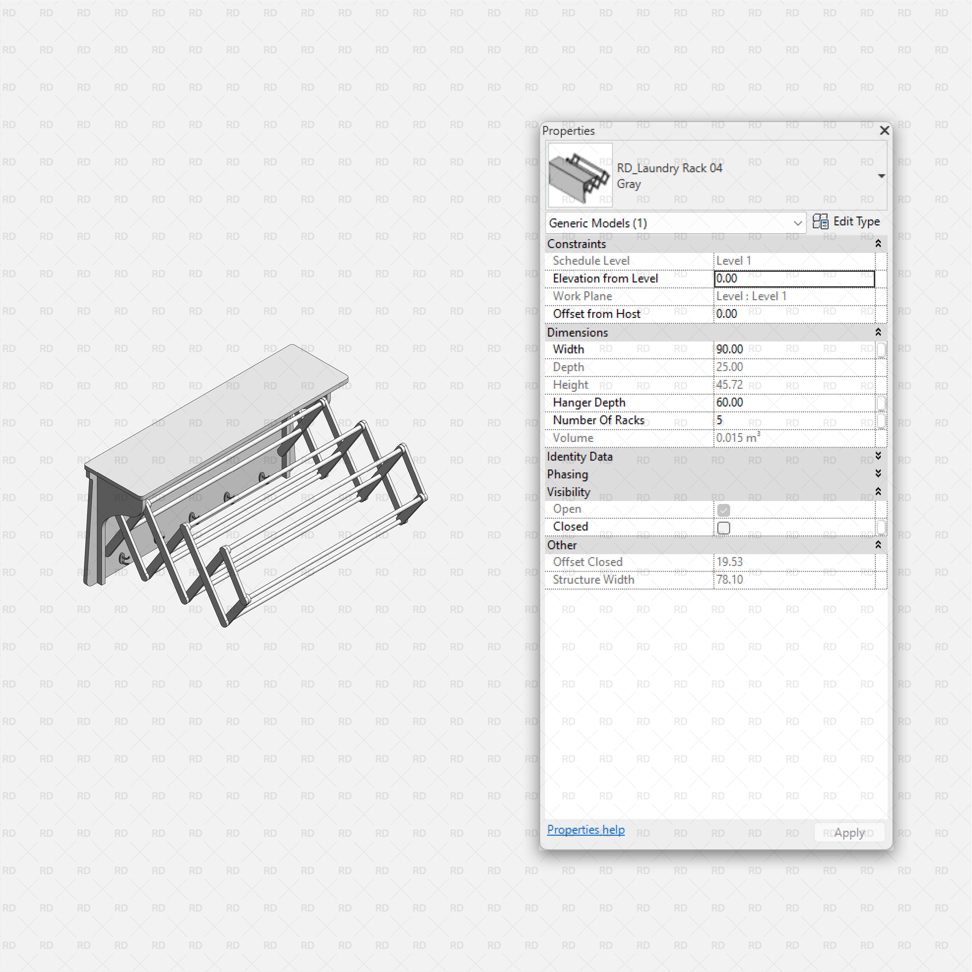 Revit Laundry Equipment RD Studio BIM Blocks RFA - Folding Bench Laundry Rack 04 Family