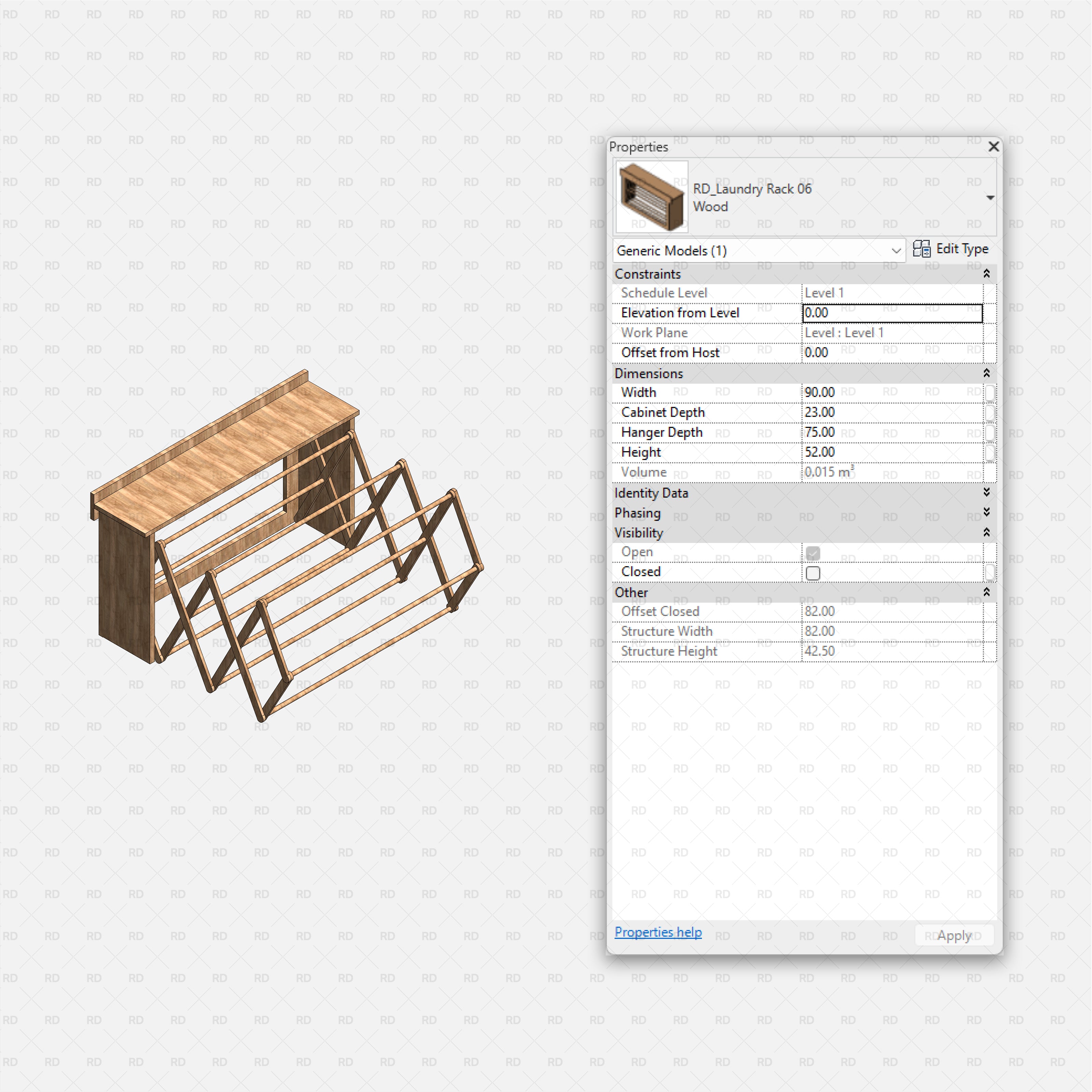Revit Laundry Equipment RD Studio BIM Blocks RFA - Wood Bench Laundry Rack 06 Family