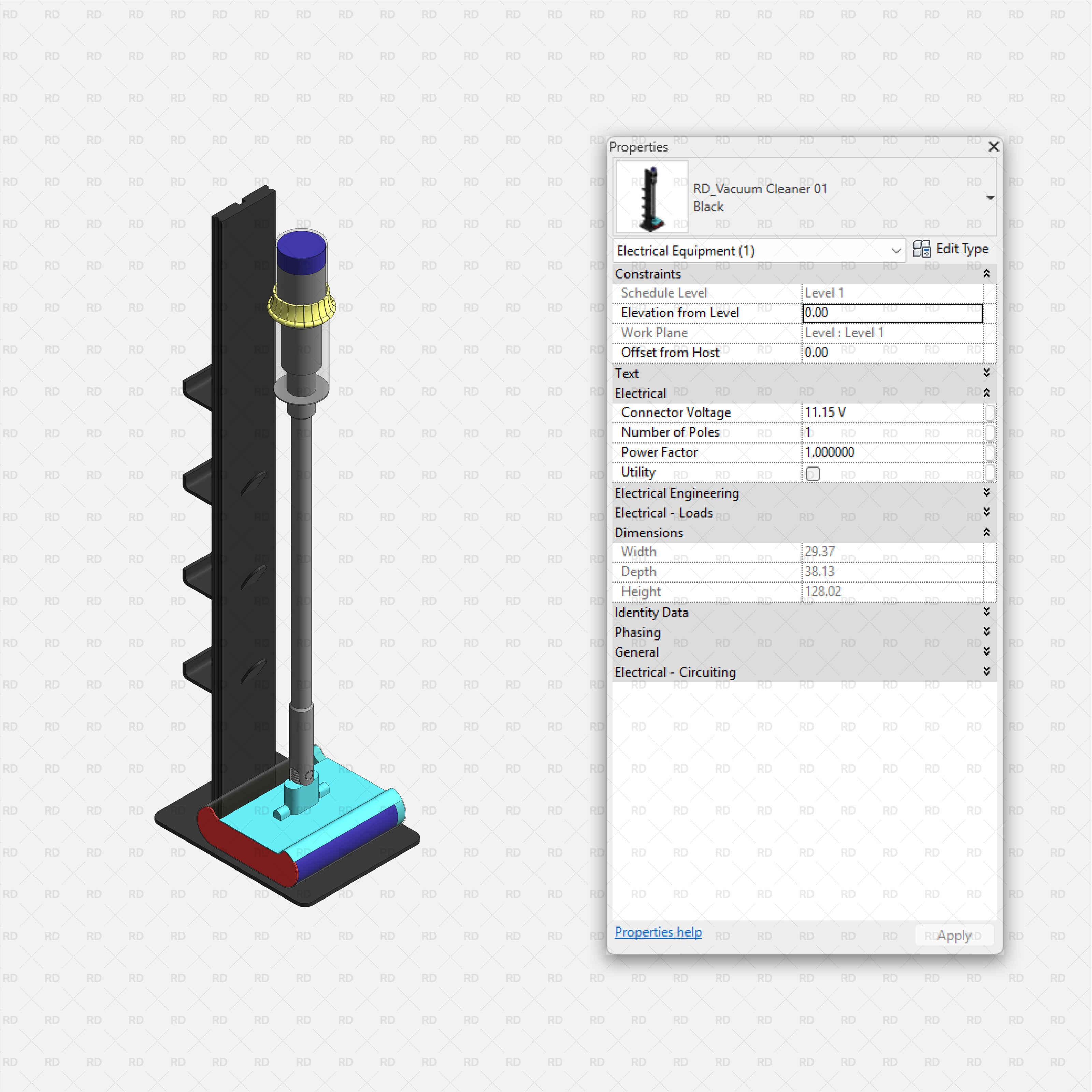 Revit Laundry Equipment RD Studio BIM Blocks RFA - Stick Vacuum Cleaner 01 With Dock Family