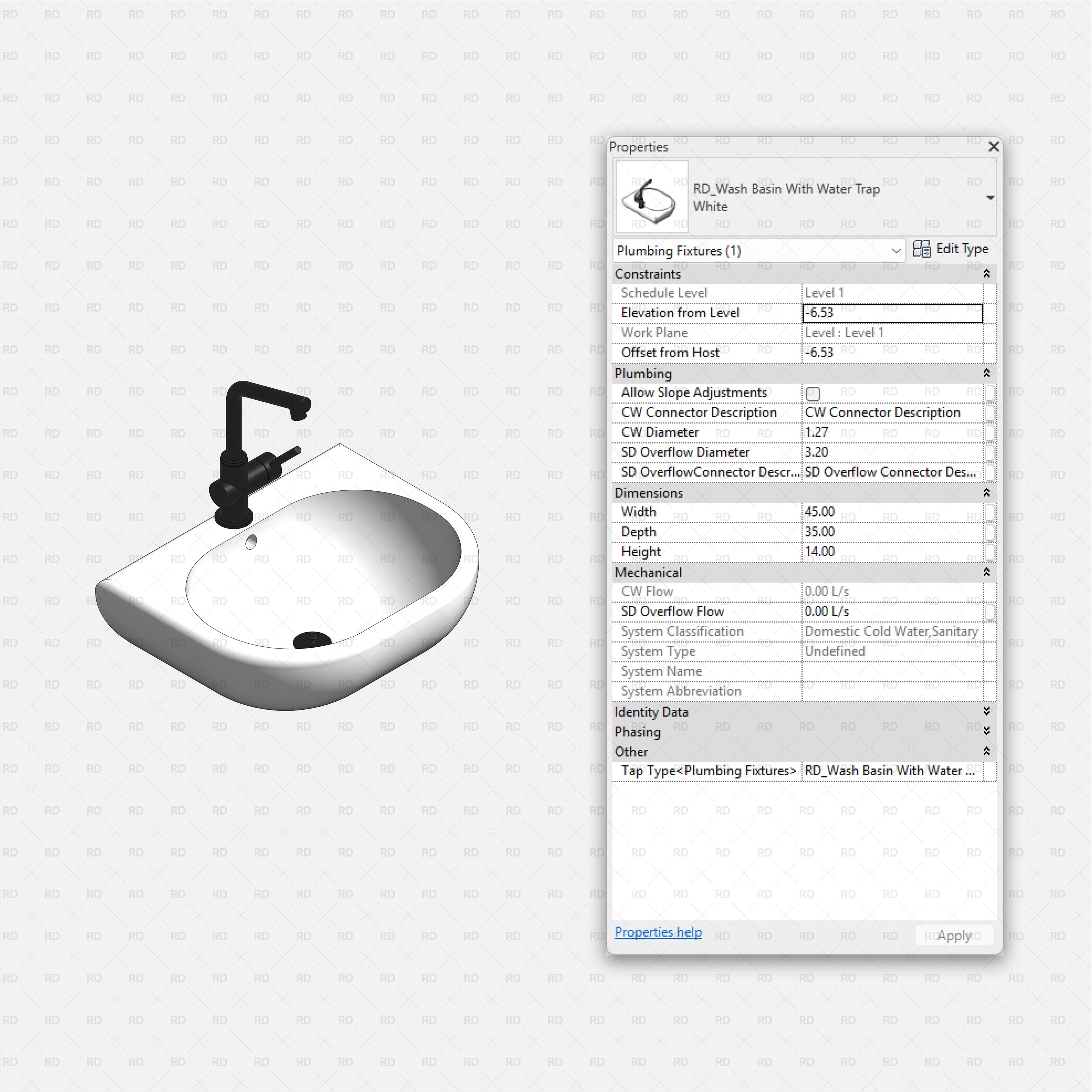 Revit Laundry Equipment RD Studio BIM Blocks RFA - Oval Wash Basin With Tap 03 Family