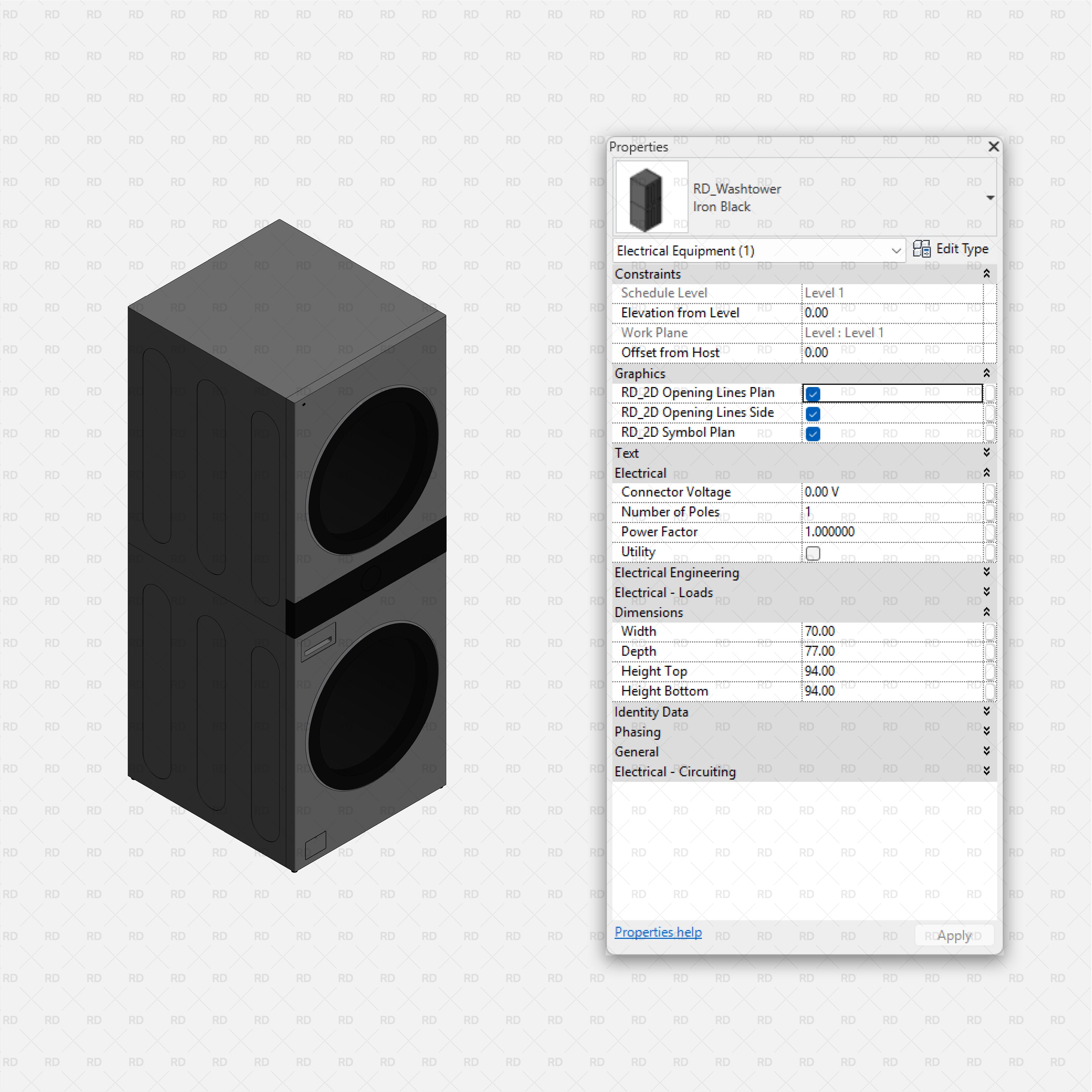 Revit Laundry Equipment RD Studio BIM Blocks RFA - Stacked Washer Dryer Washtower Family