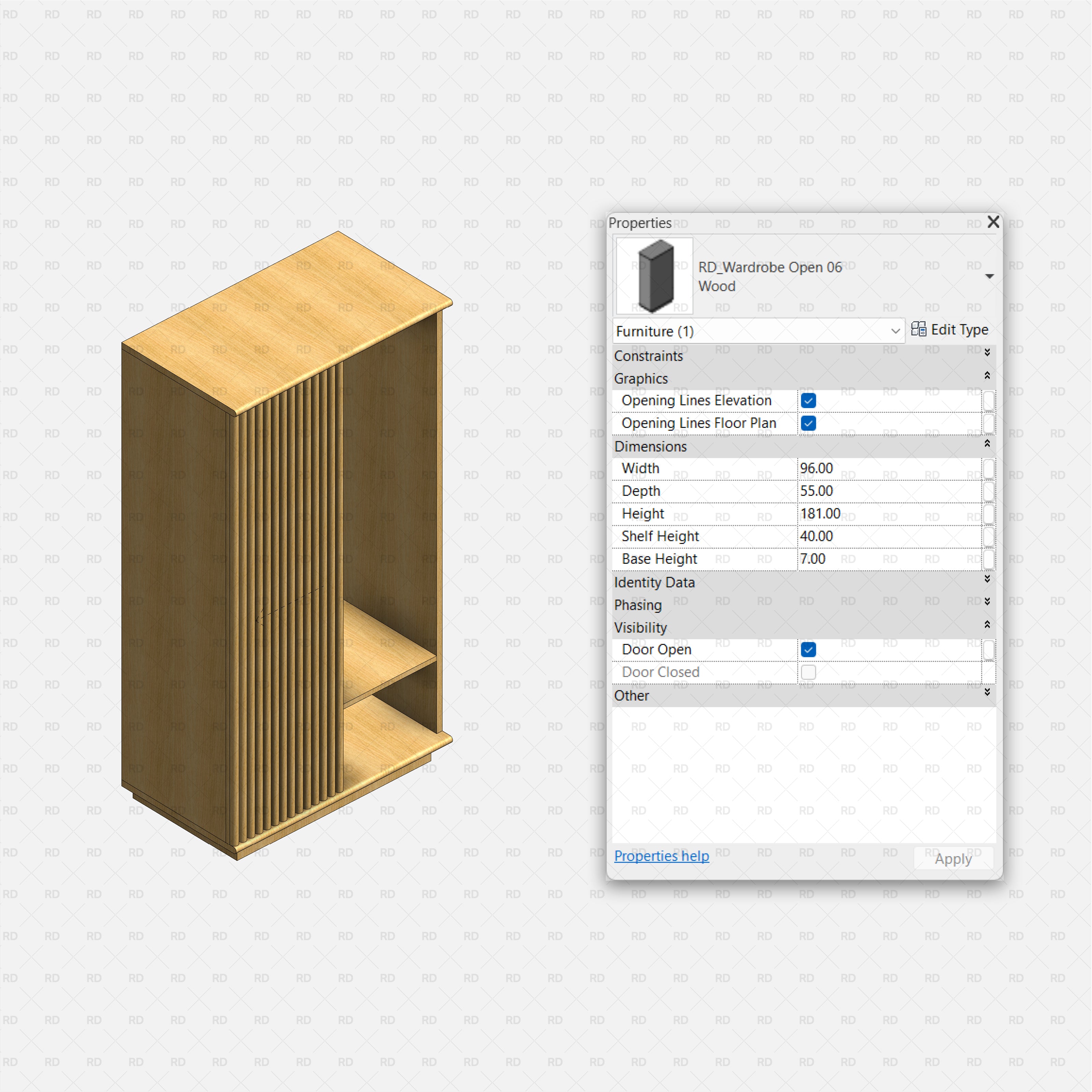 Revit Open Wardrobe RD Studio BIM Blocks RFA β Compact Wardrobe With Vertical Fins And Lower Storage Shelf