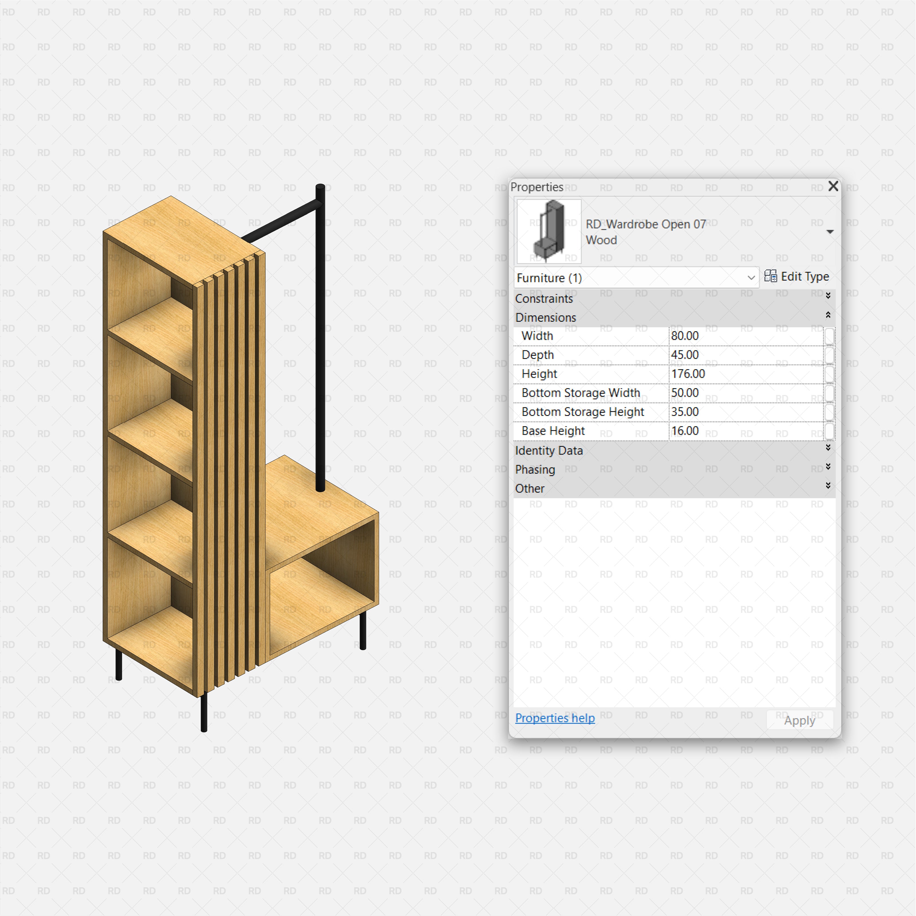 Revit Open Wardrobe RD Studio BIM Blocks RFA β Wardrobe With Side Shelves, Lower Cubbies And Exposed Hanging Rail