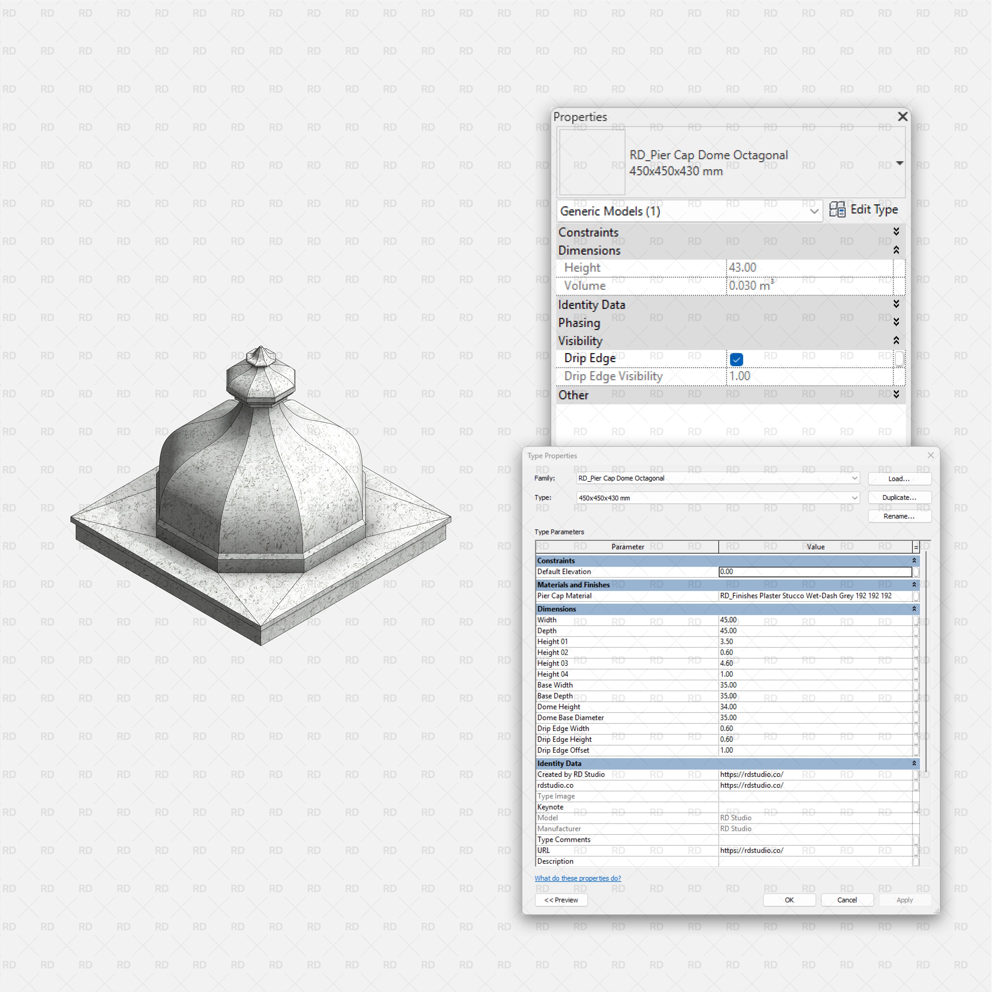Revit Pier Caps RD Studio BIM Blocks RFA - Pier Cap Octagonal Dome Concrete Block