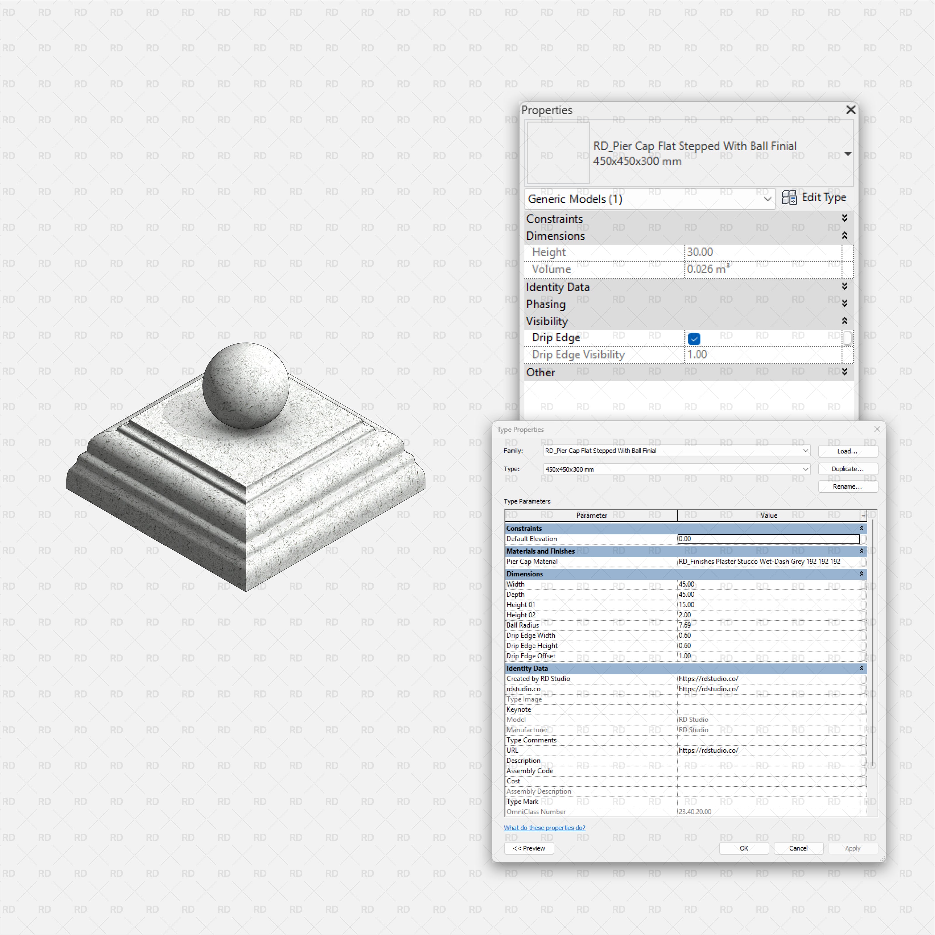 Revit Pier Caps RD Studio BIM Blocks RFA - Flat Stepped Pier Cap With Ball Finial Block