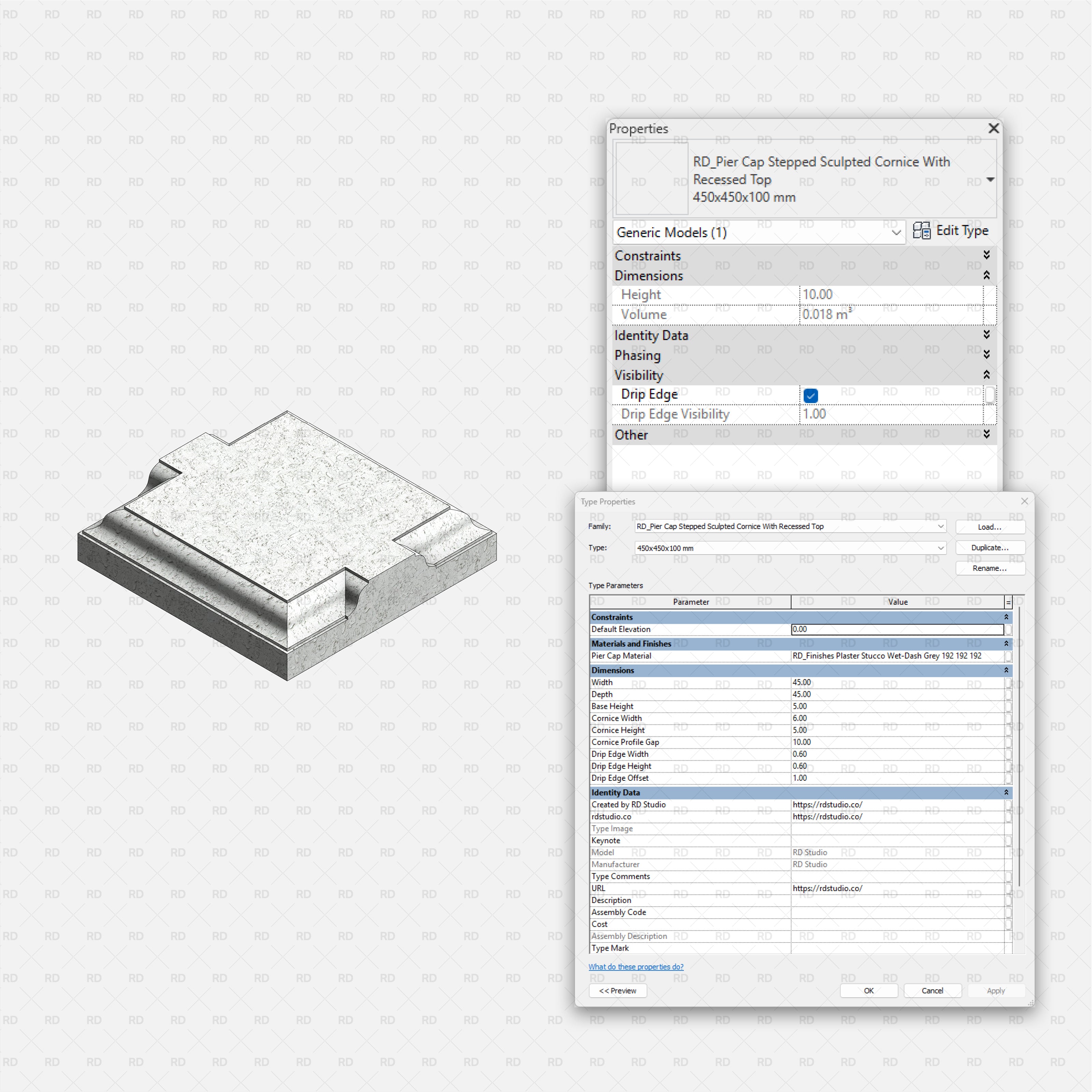 Revit Pier Caps RD Studio BIM Blocks RFA - Stepped Pier Cap With Recessed Cornice Block