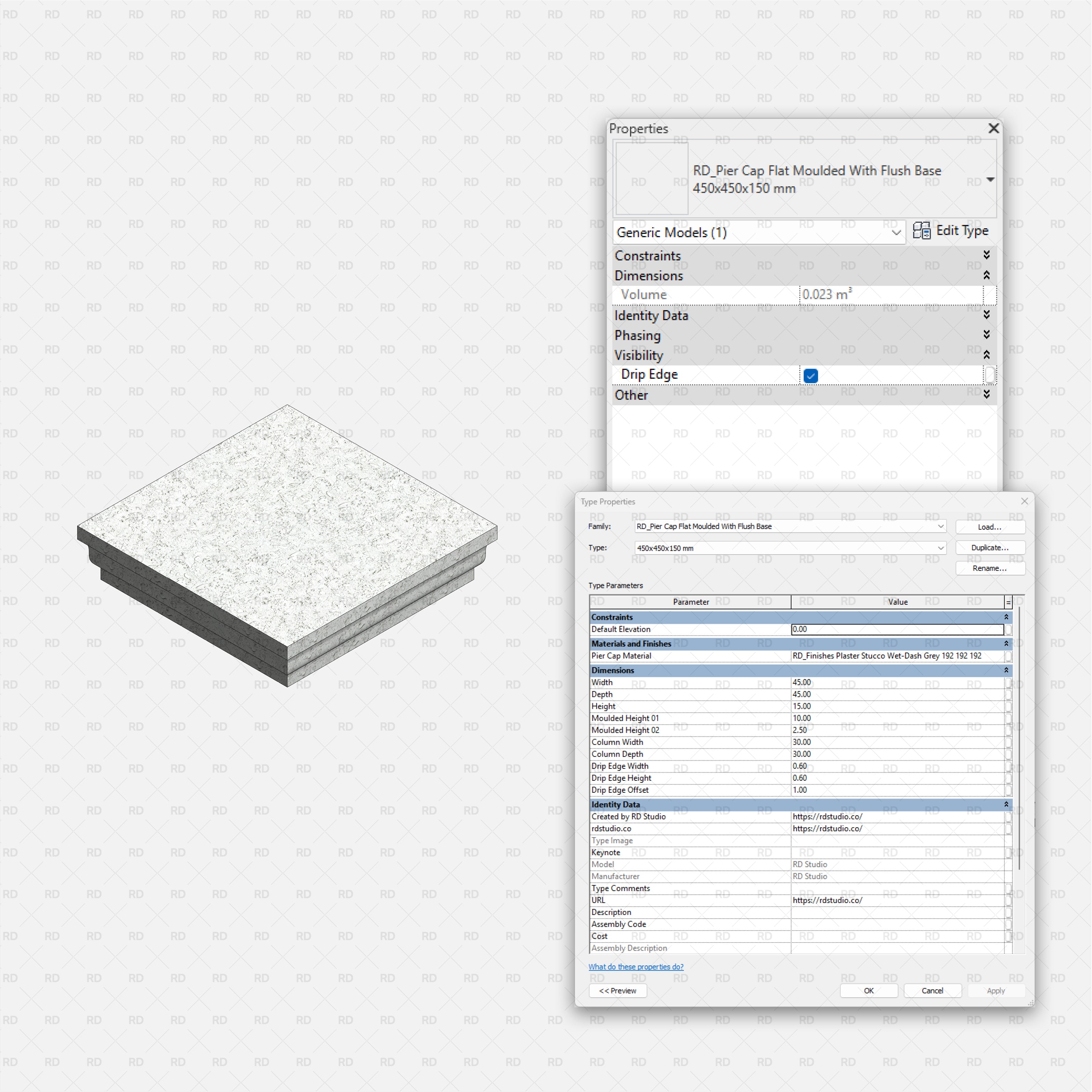 Revit Pier Caps RD Studio BIM Blocks RFA – Flat Moulded Pier Cap With Flush Base and Family Properties Window
