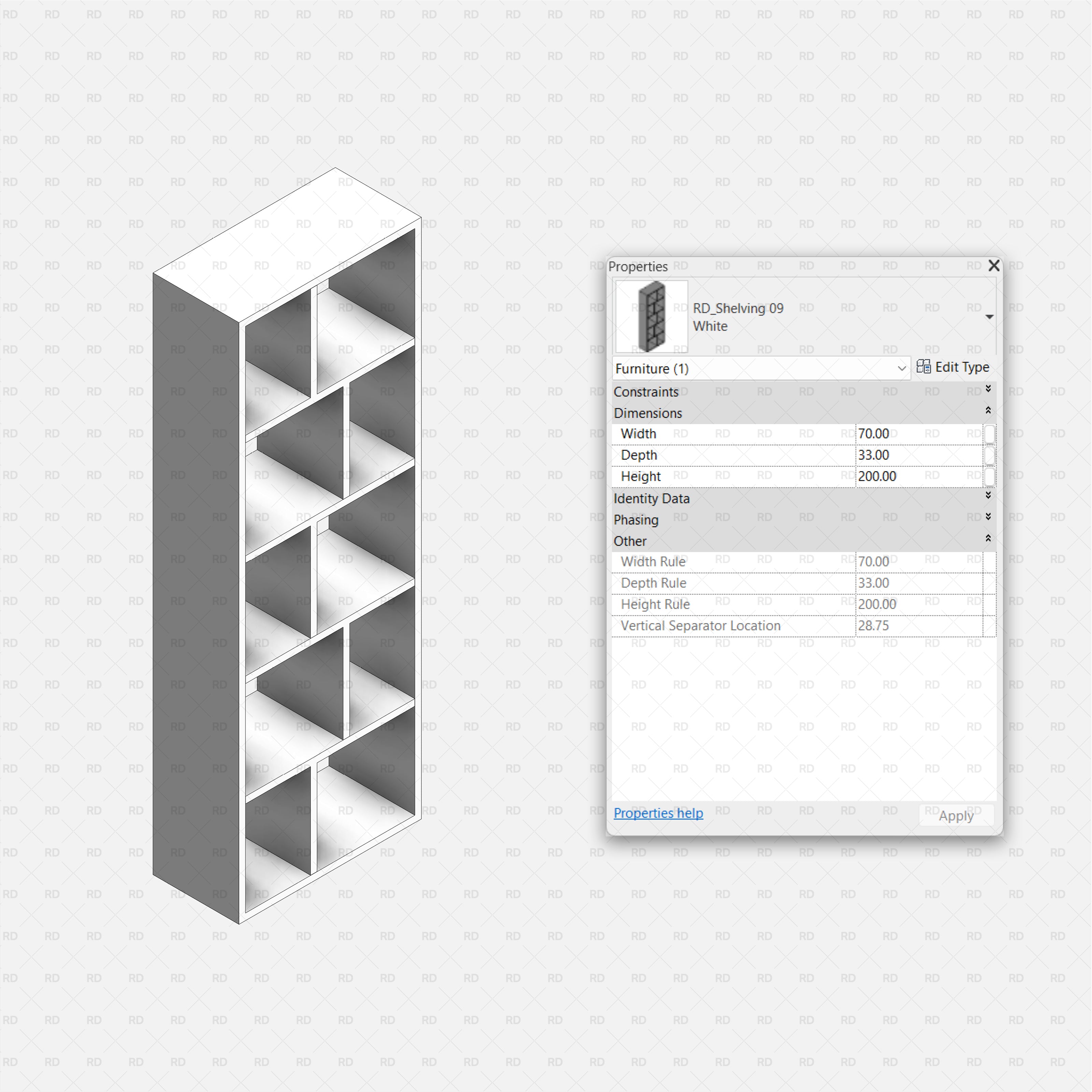revit 3D Shelving Collection 02 RD Studio BIM blocks rfa Tall White Modular Cubby Bookcase With Dividers