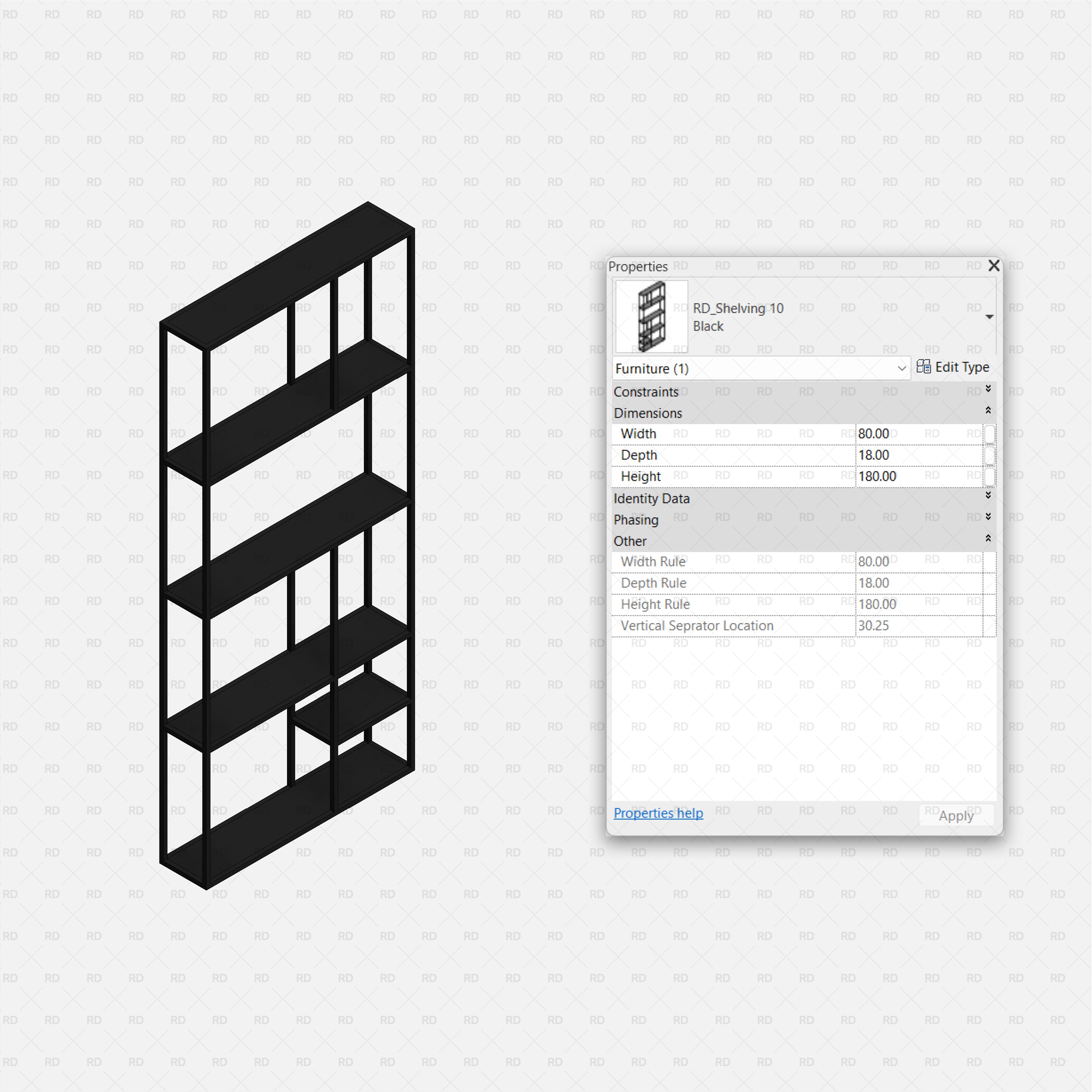 revit 3D Shelving Collection 02 RD Studio BIM blocks rfa Slim Black Open-Frame Shelf With Mixed Compartments