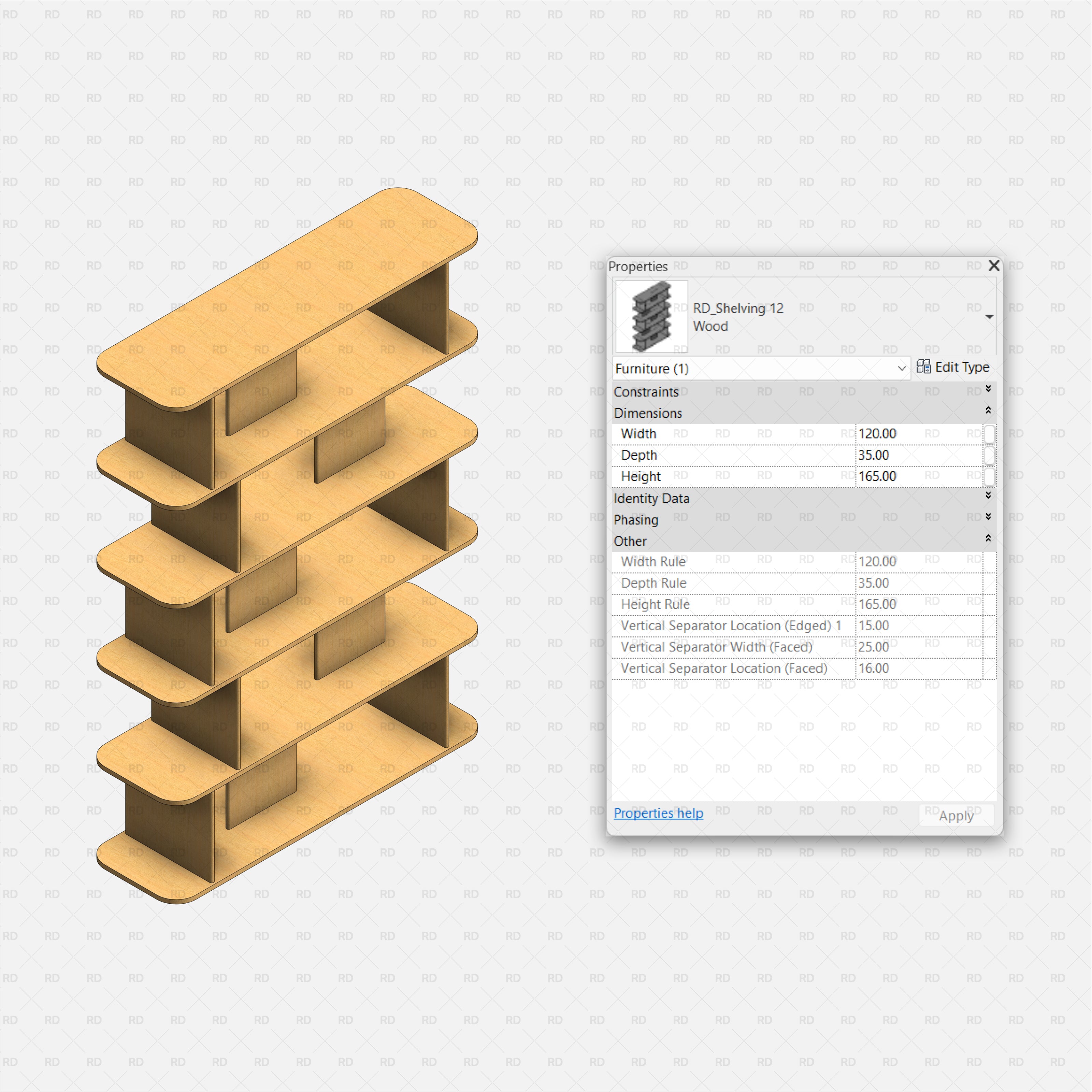 revit 3D Shelving Collection 02 RD Studio BIM blocks rfa Rounded-Edge Wooden Stacked Shelves With Center Blocks