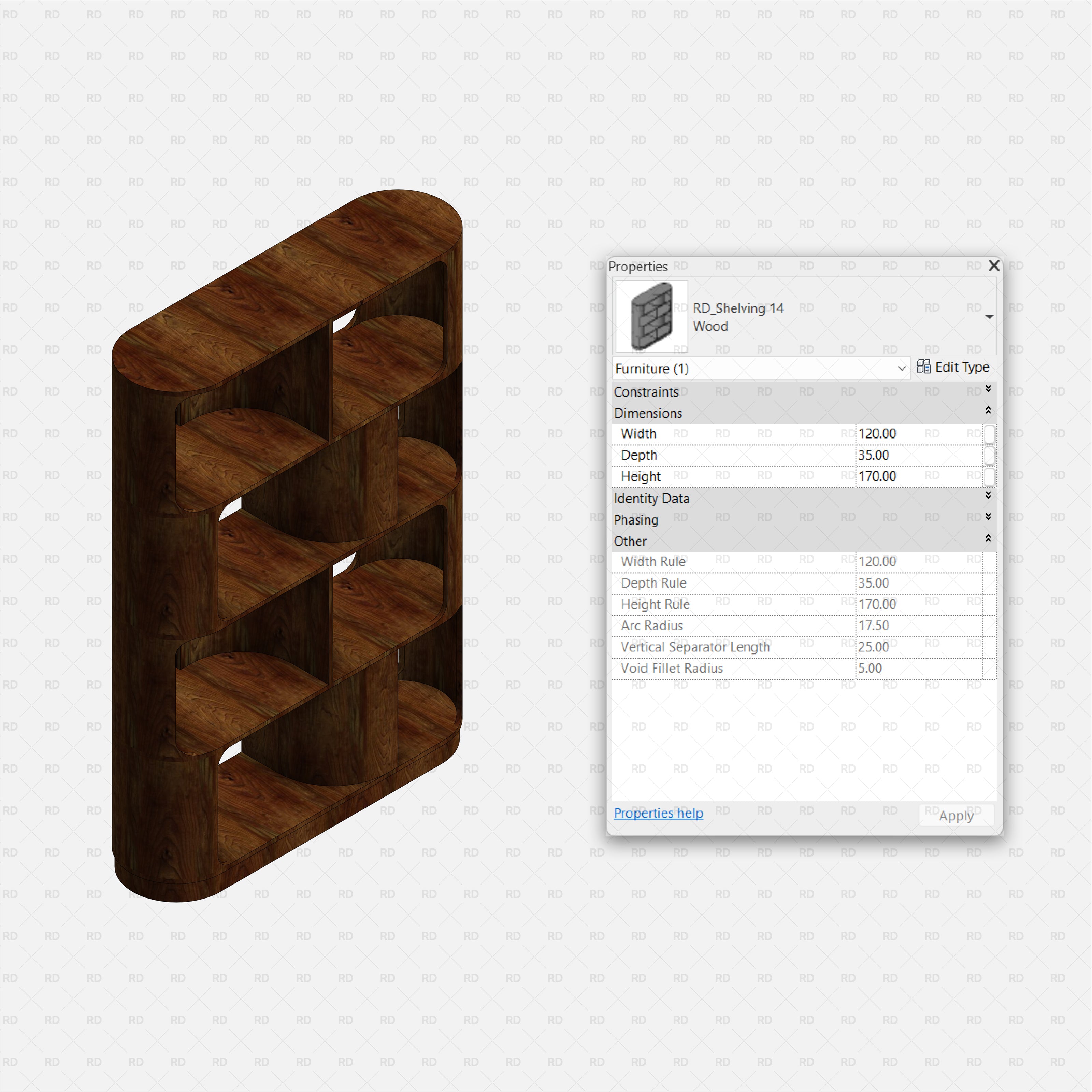 revit 3D Shelving Collection 02 RD Studio BIM blocks rfa Curved-Corner Wooden Grid Bookcase With Oval Bays