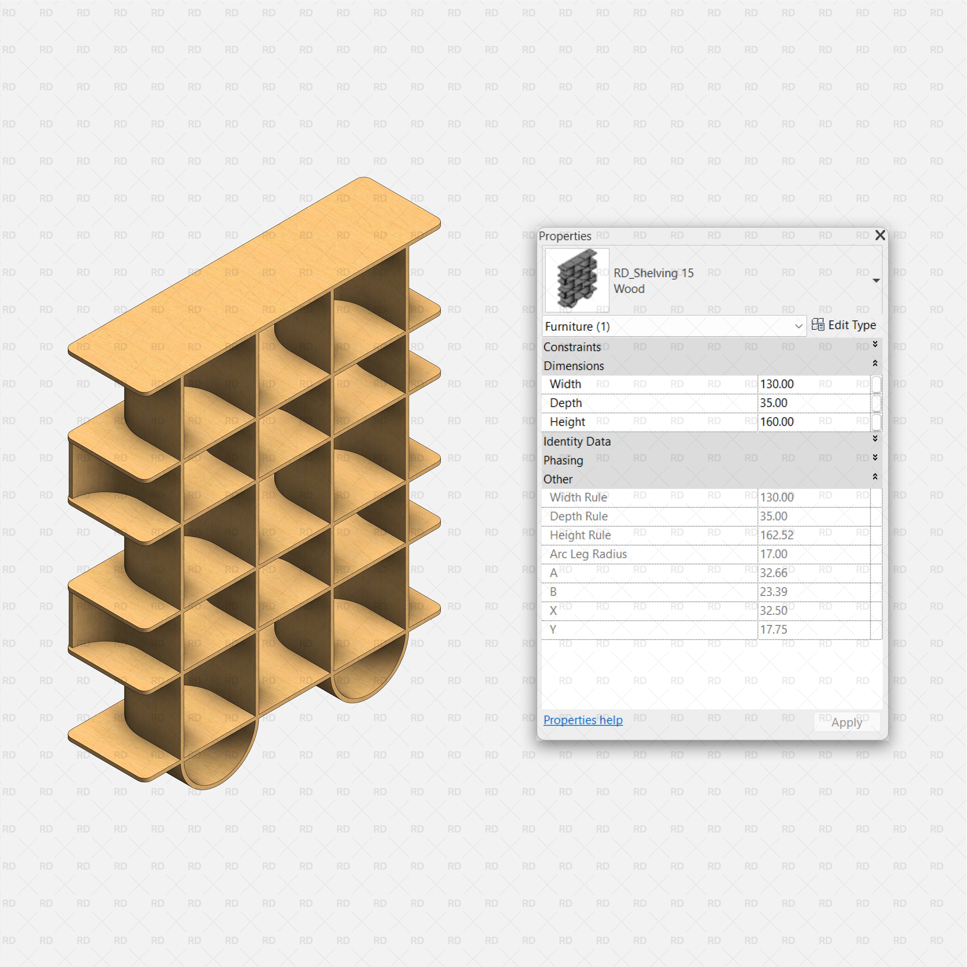 revit 3D Shelving Collection 02 RD Studio BIM blocks rfa Sculpted Wooden Grid Shelving With Wave Dividers
