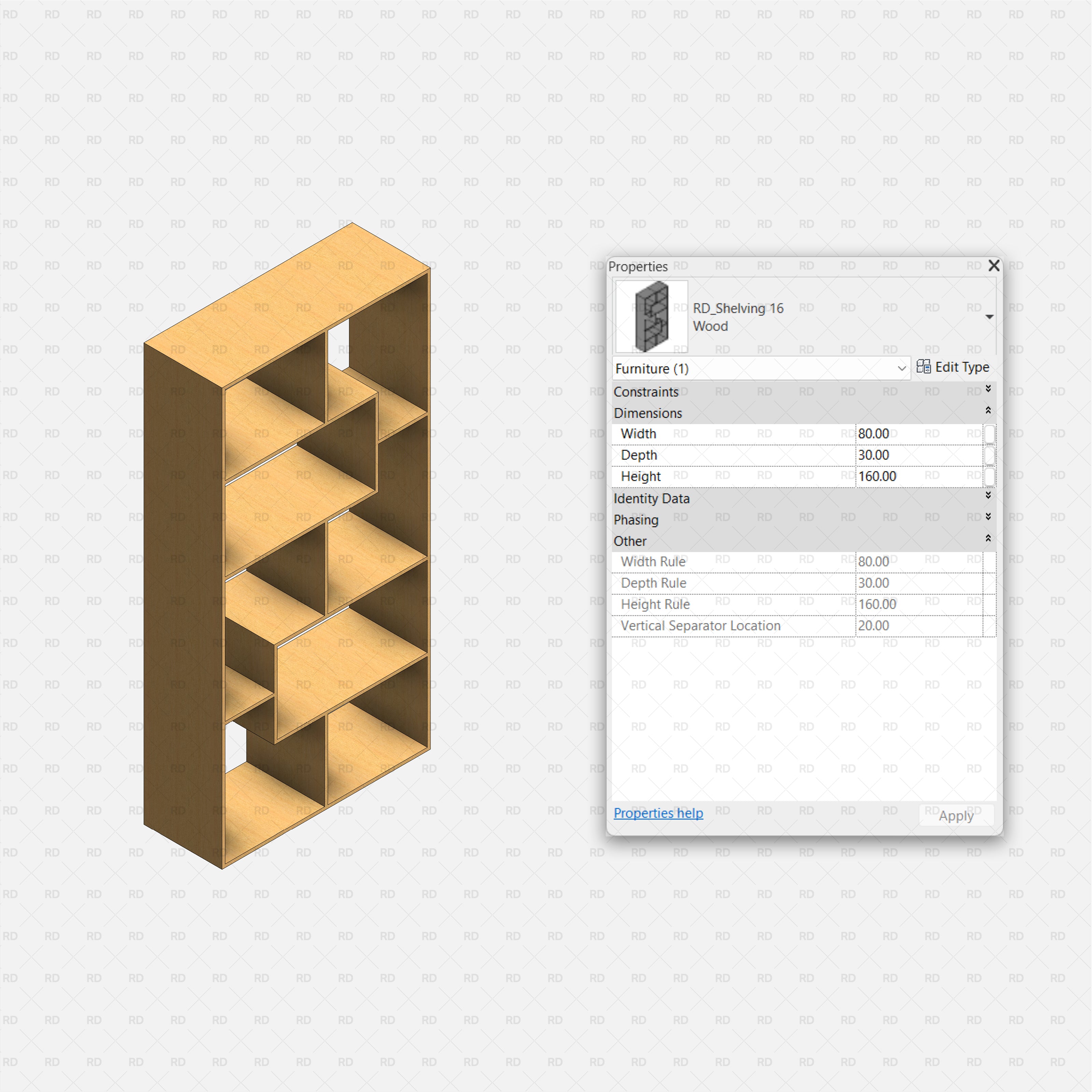 revit 3D Shelving Collection 02 RD Studio BIM blocks rfa Asymmetric Wooden Bookcase With Staggered Partitions