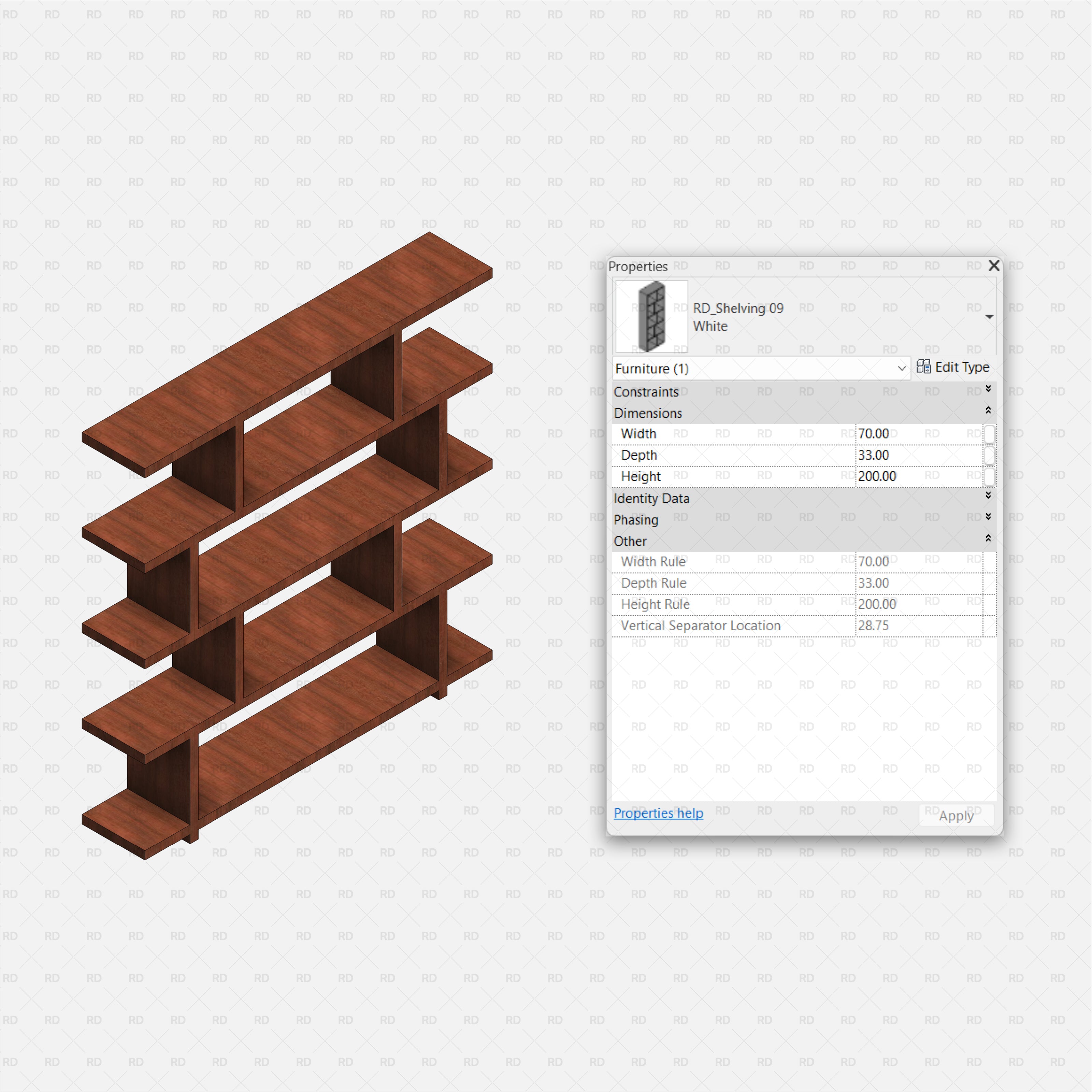 revit 3D Shelving Collection 02 RD Studio BIM blocks rfa Low Long Wooden Console Shelf With Central Dividers