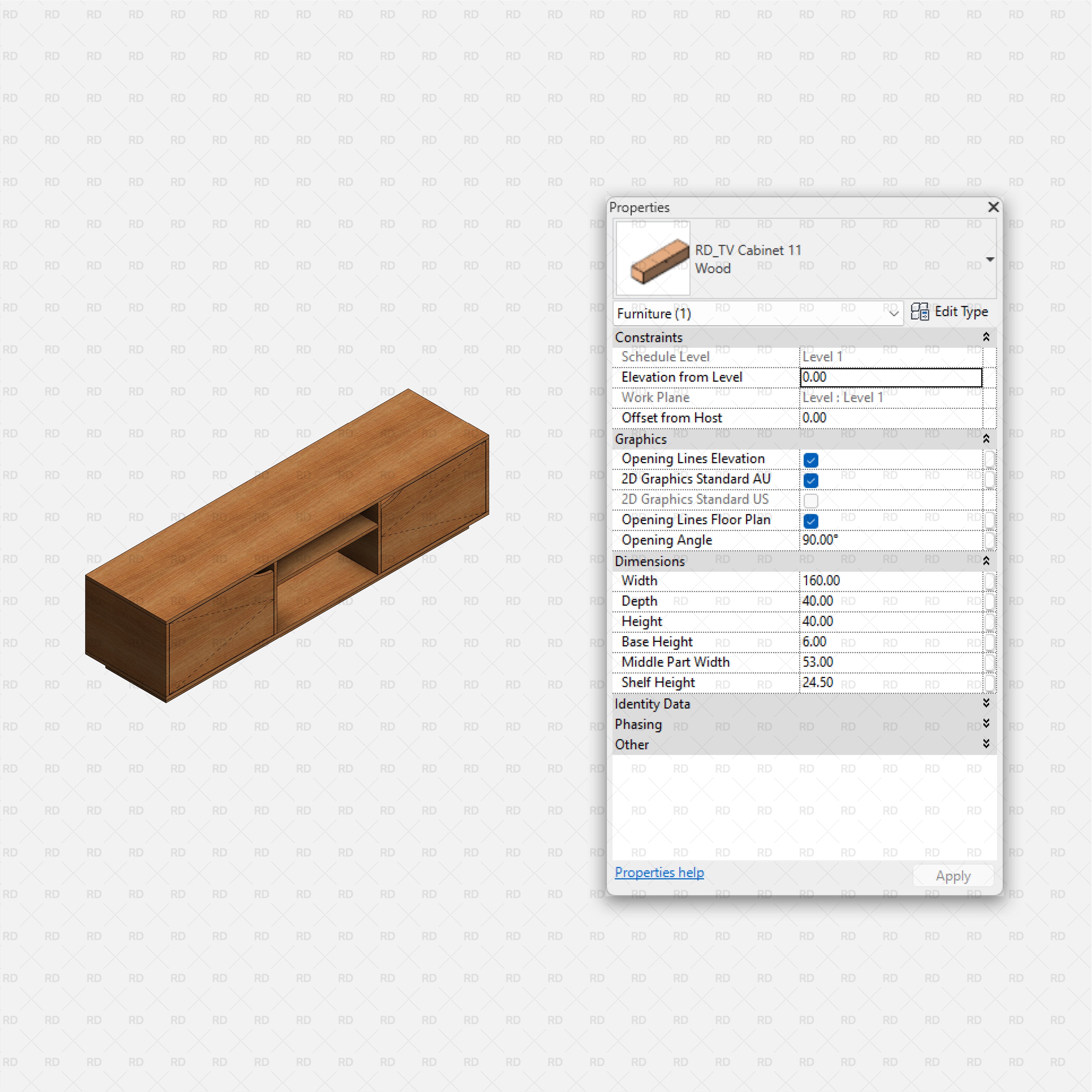 revit tv stands RD Studio BIM blocks rfa β TV Cabinet 11 With Open Center Bay And Two Side Doors