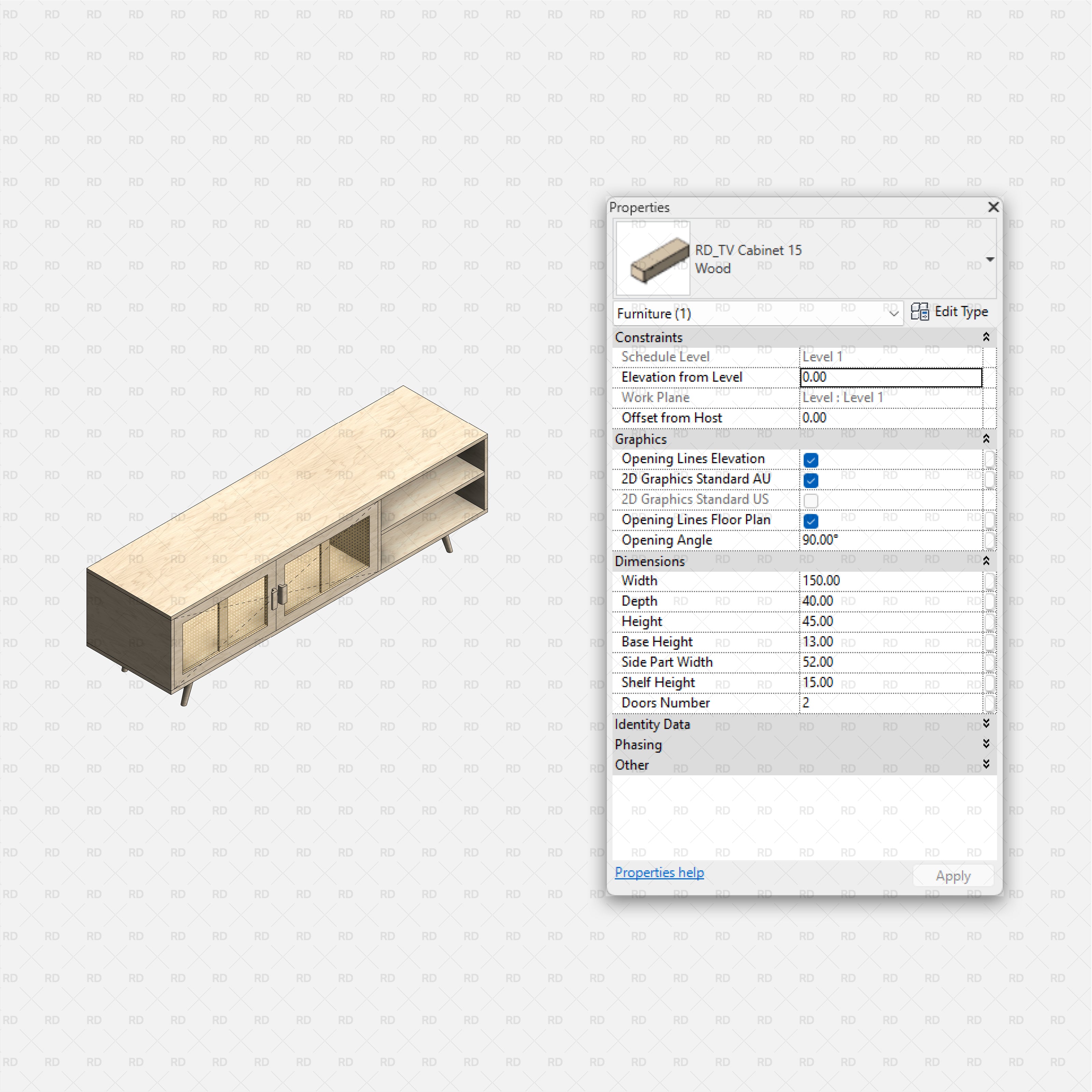 revit tv stands RD Studio BIM blocks rfa β Mixed Glass And Open Shelf TV Cabinet 15, Two Doors