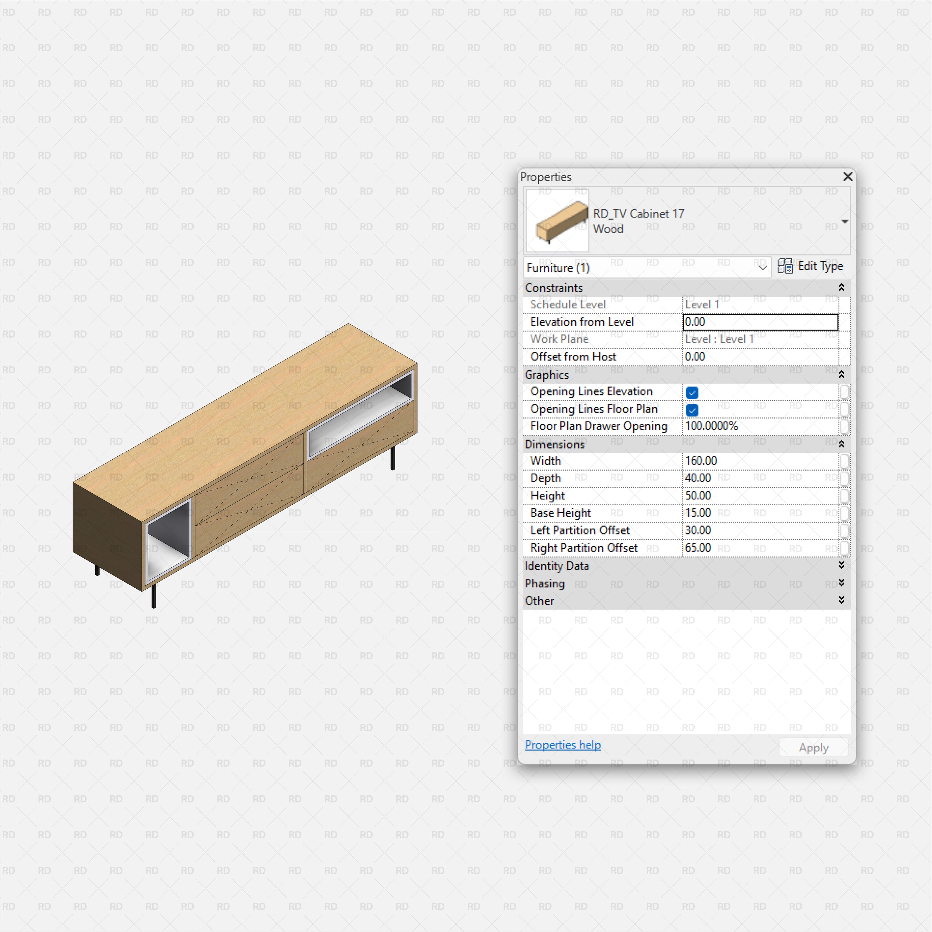 revit tv stands RD Studio BIM blocks rfa light wood tv cabinet with dual open compartments and three drawers, slim legs, parametric offsets