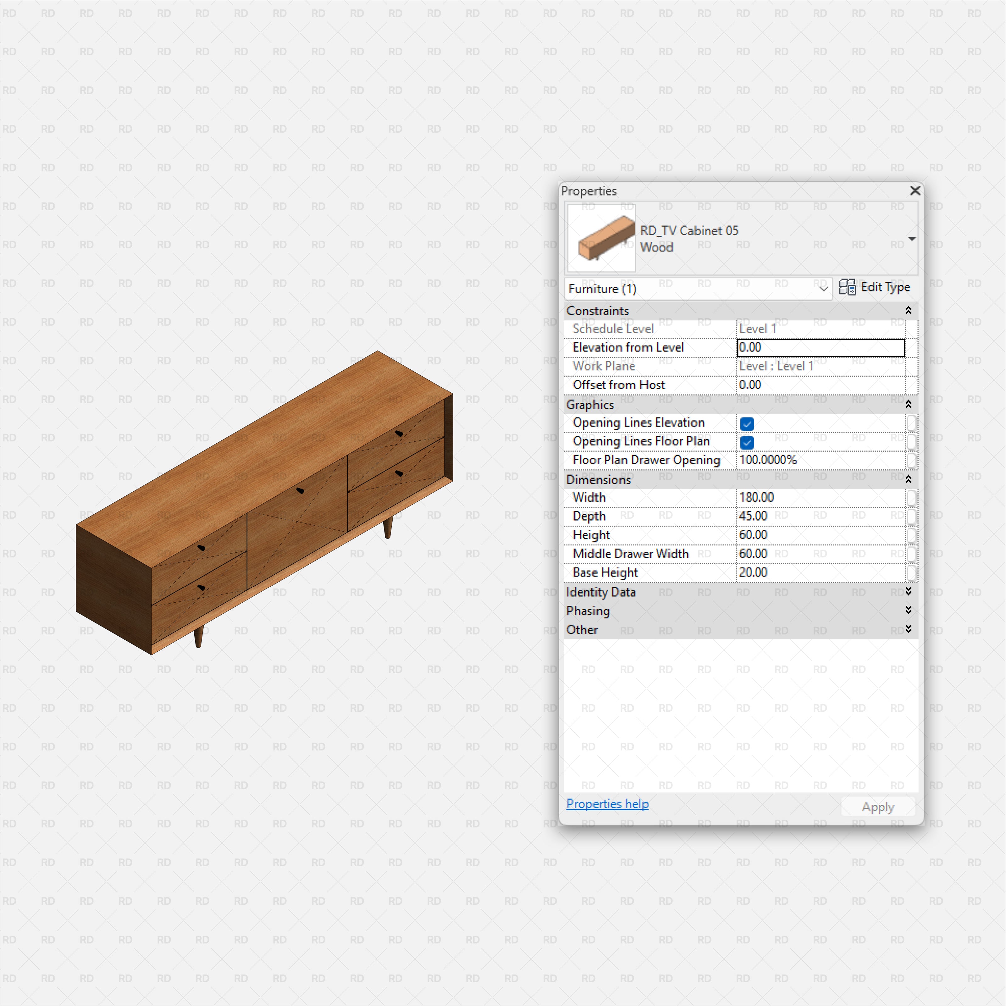 revit tv stands RD Studio BIM blocks rfa β Cabinet 05, Multiple Drawer TV Sideboard With Tapered Legs