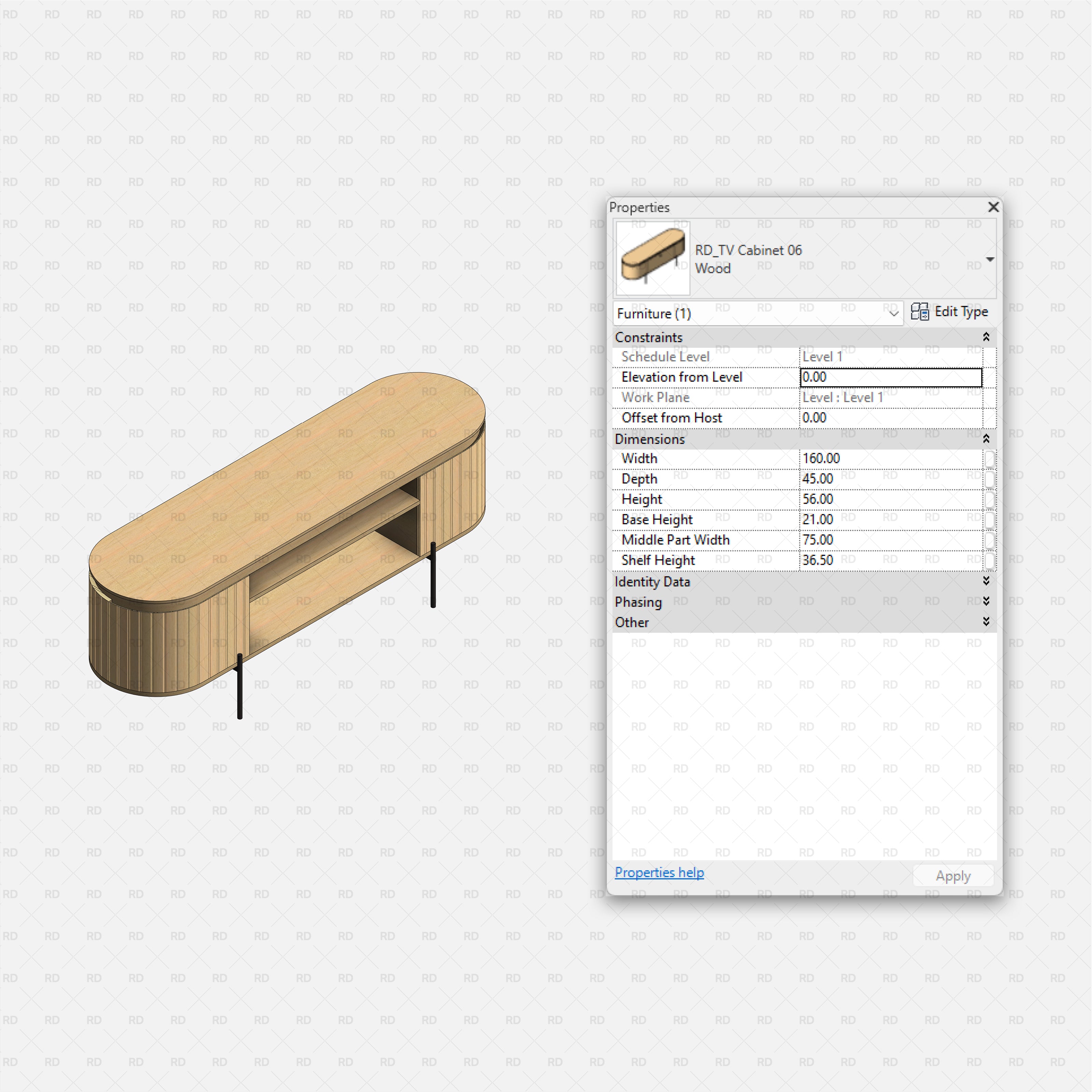 revit tv stands RD Studio BIM blocks rfa β Cabinet 06, Rounded Oval TV Unit With Open Shelf