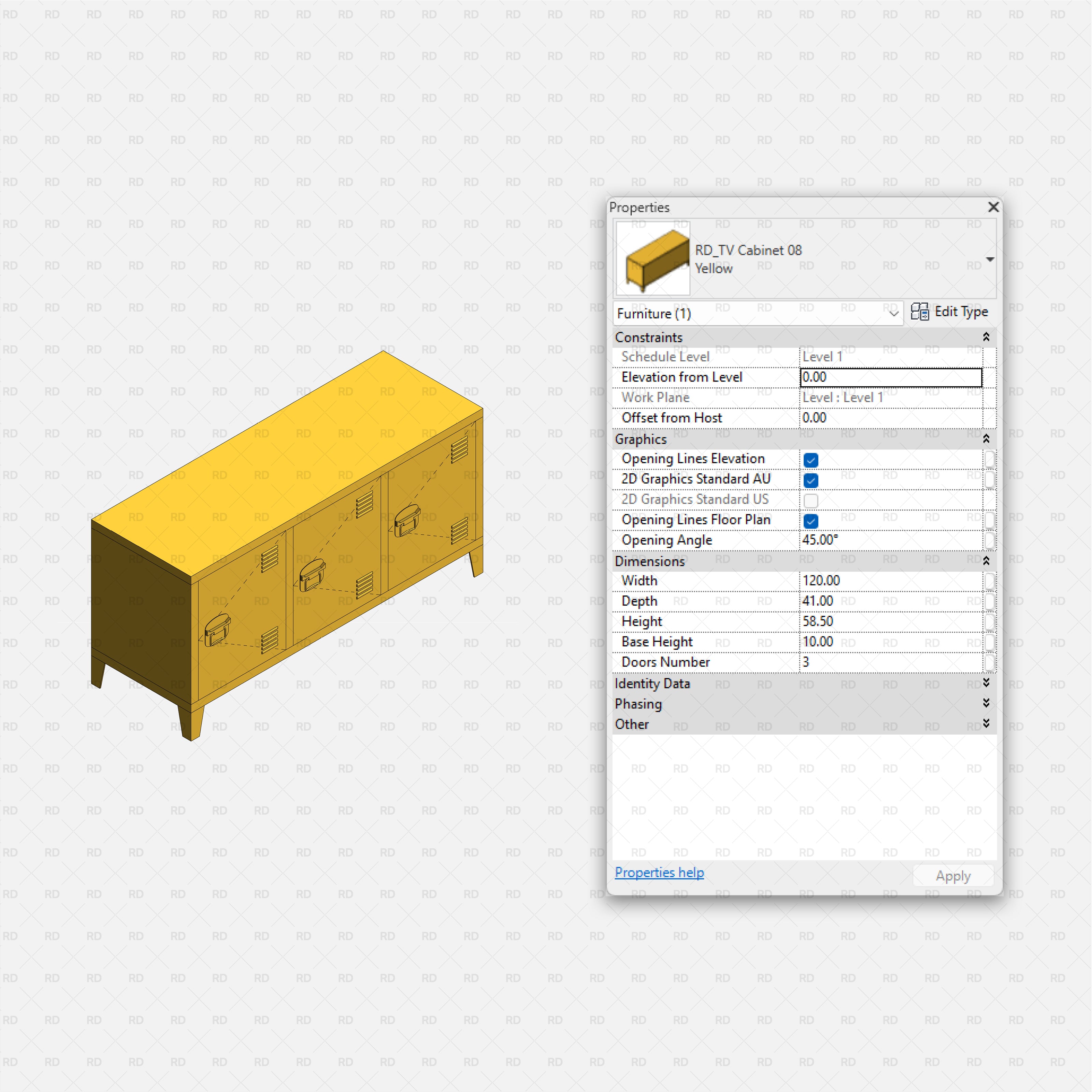 revit tv stands RD Studio BIM blocks rfa β Yellow Locker-Style TV Cabinet 08 With Three Doors