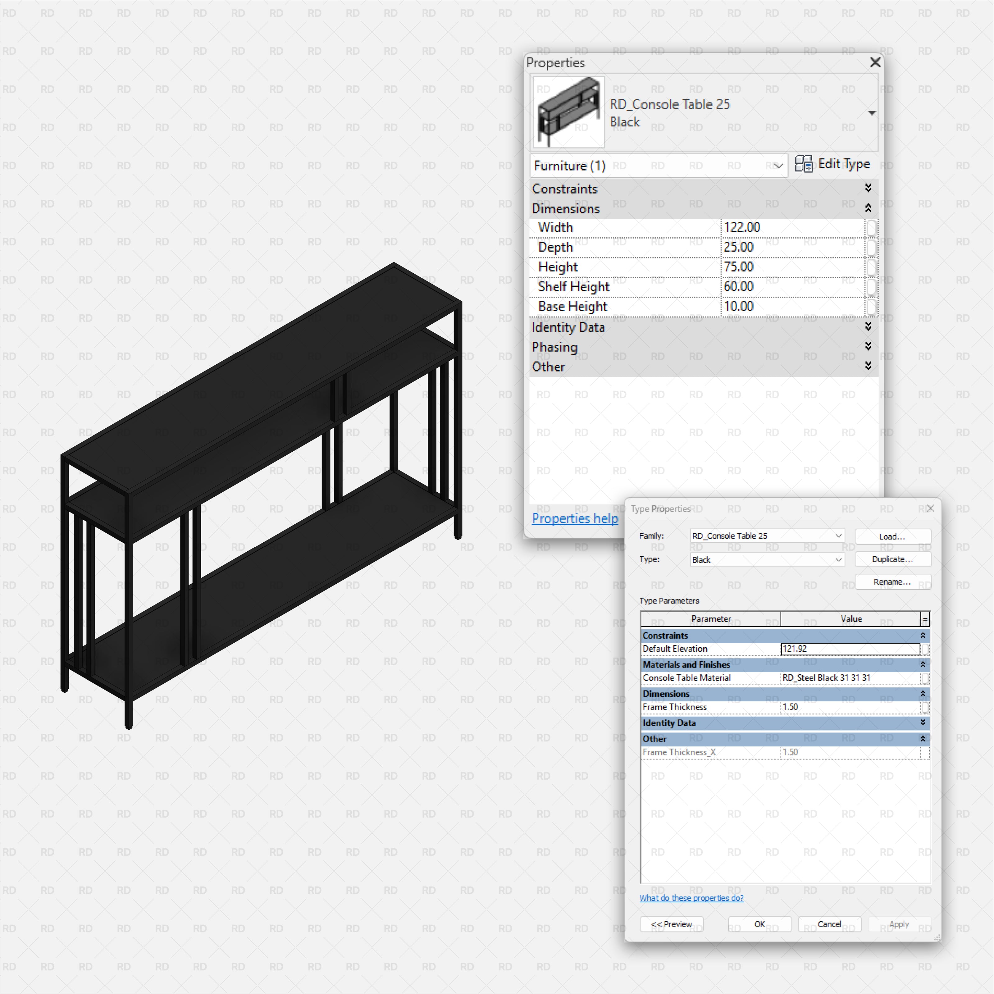 revit metal console table RD Studio BIM blocks rfa, long black console with two shelves and thin frame