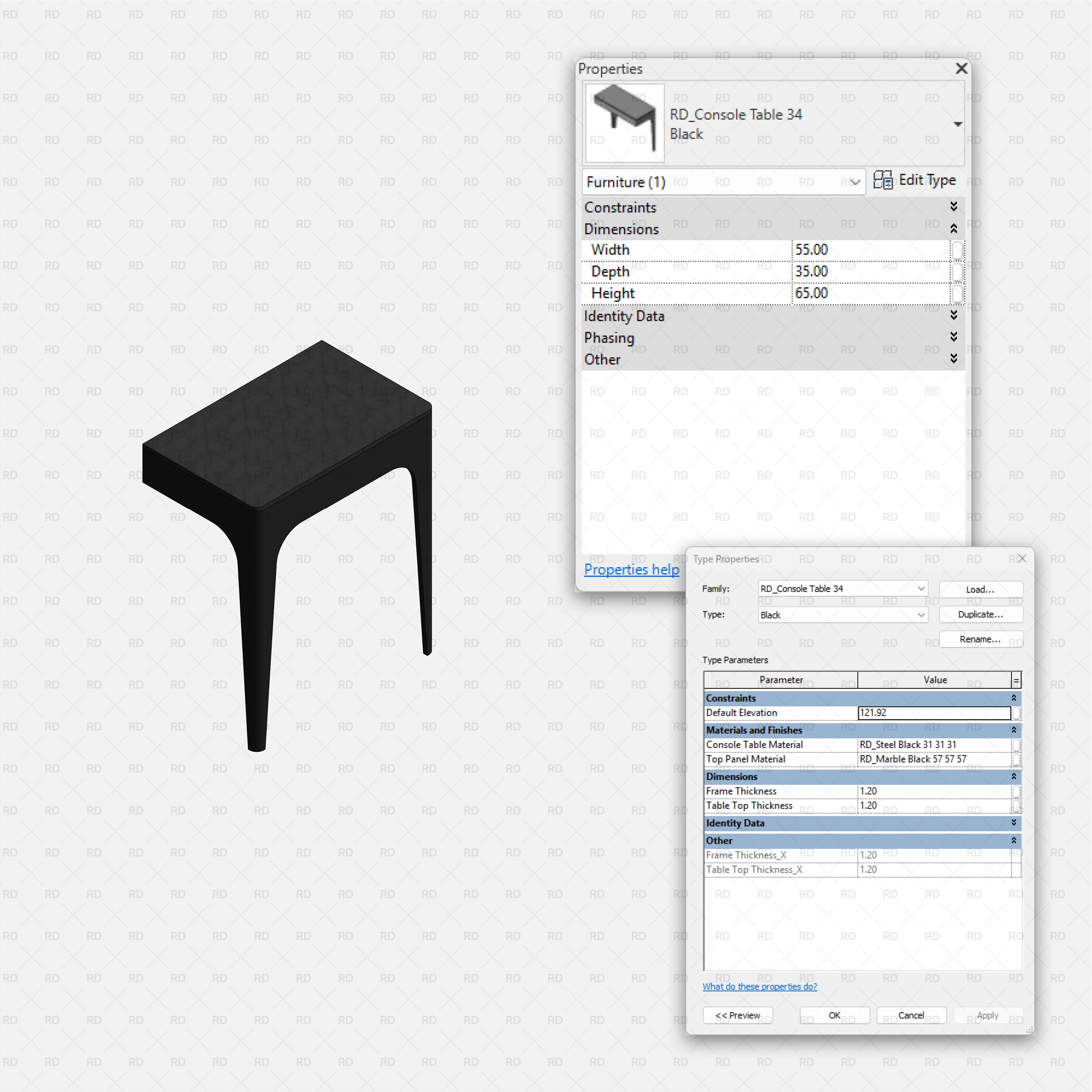 revit metal console table RD Studio BIM blocks rfa Compact sculpted console table with tapered legs