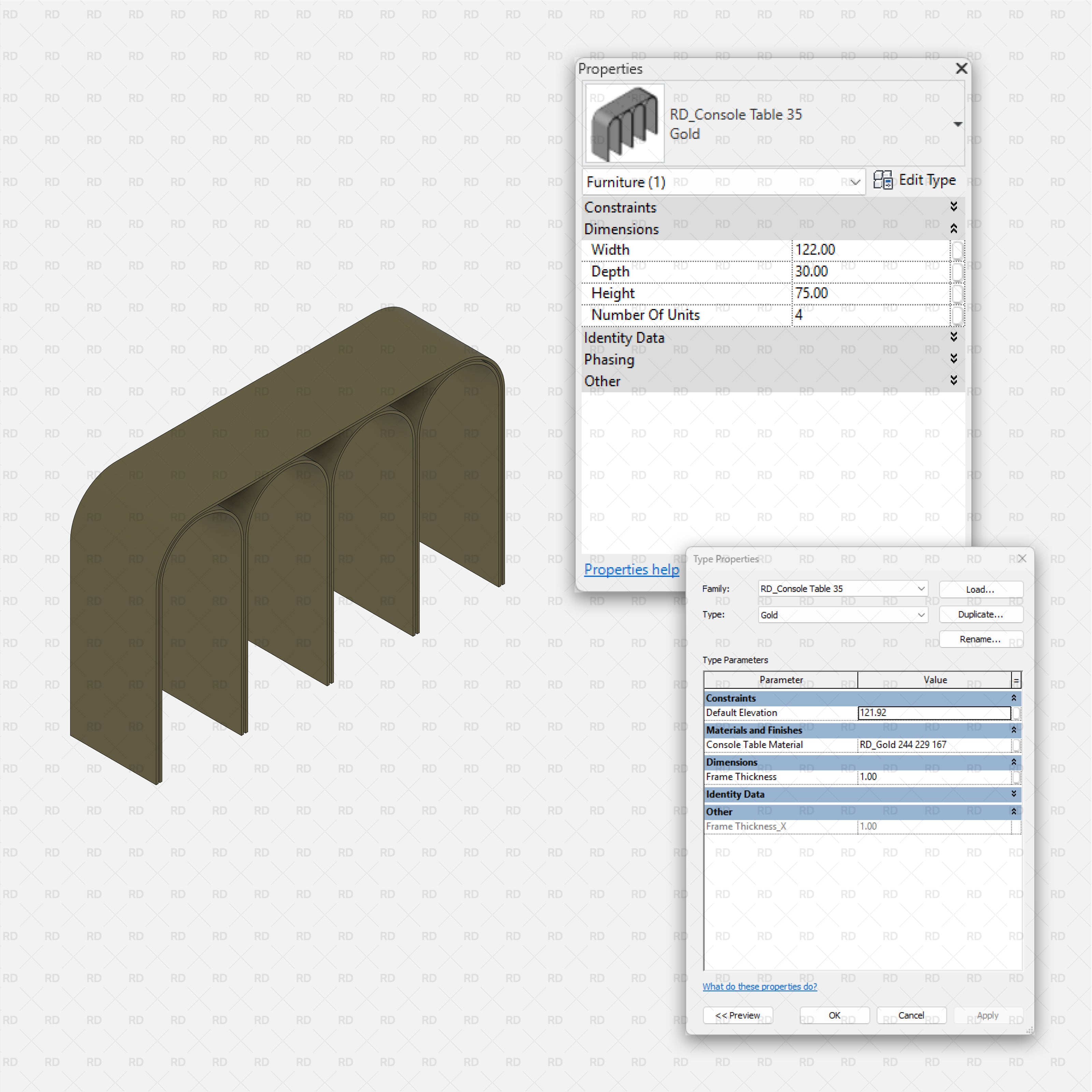 revit metal console table RD Studio BIM blocks rfa Four-arch monolithic console table in gold finish