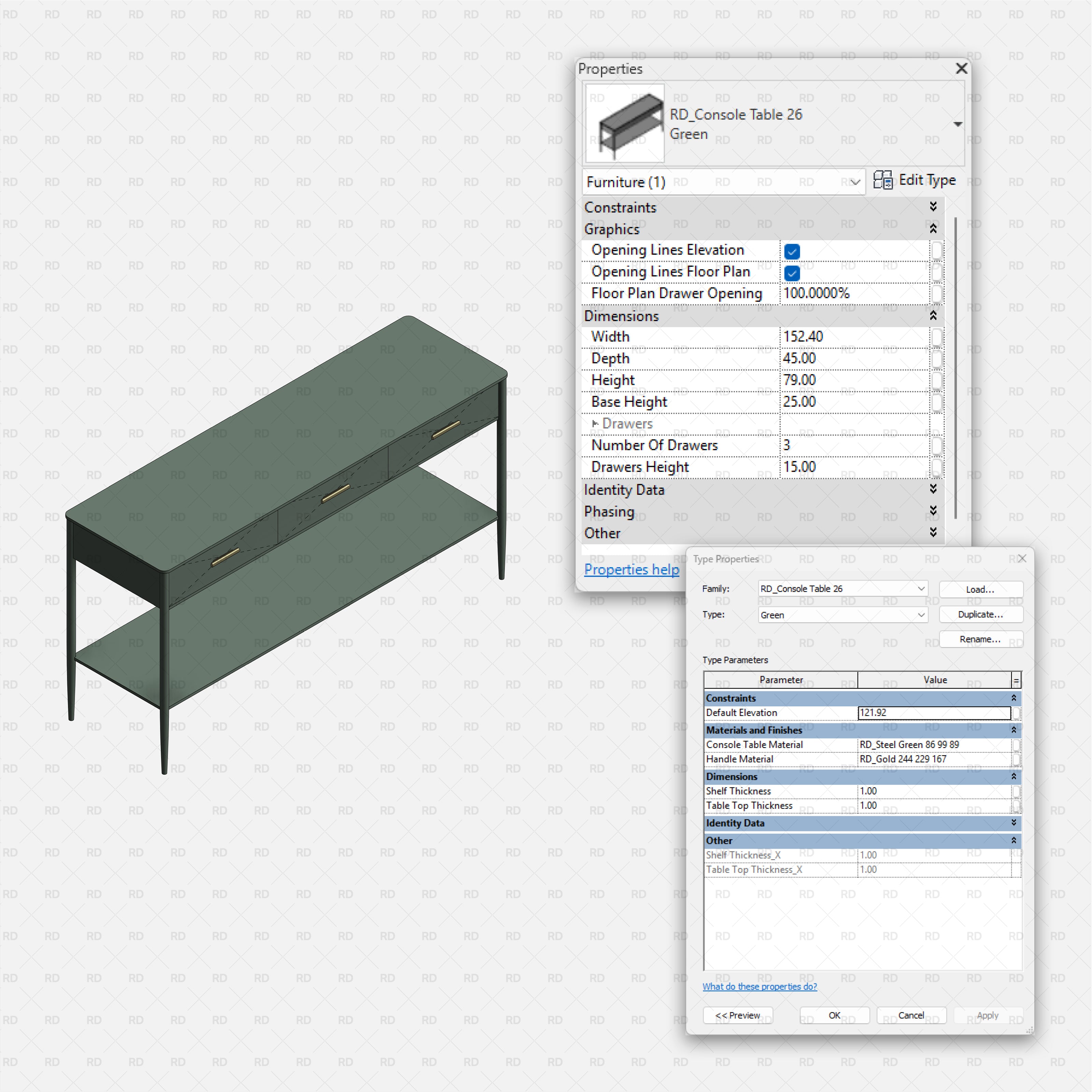 revit metal console table RD Studio BIM blocks rfa, green console with three drawers and lower shelf
